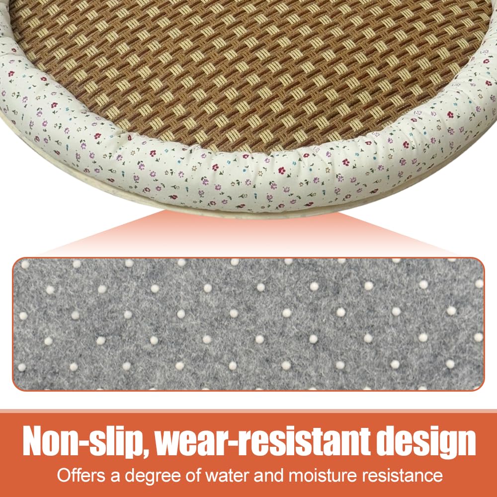 Kühlmatte für Katzen, 38cm Rundes Haustierbett aus Rattan, Atmungsaktives Sommer-Schlafkissen mit Blumenmuster, Rutschfestes Baumwoll-Leinen Hundebett