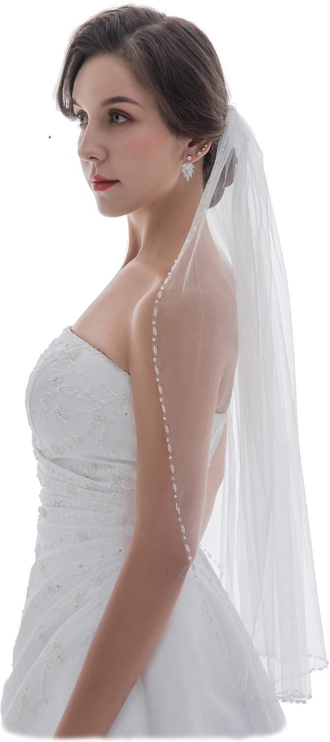 SAMKY 1T 1 Tier Pearl Crystal Beaded Edge Bridal Wedding Veil