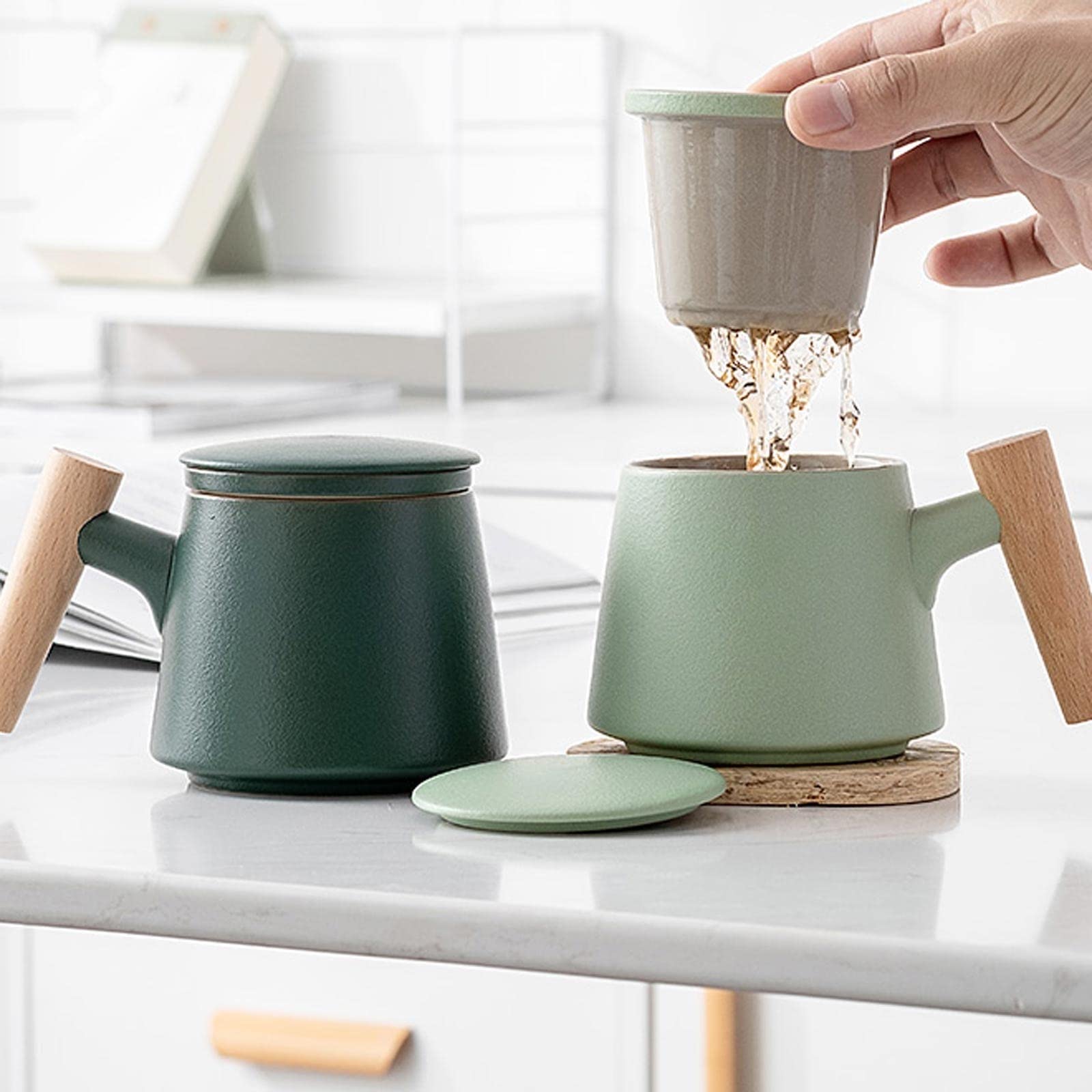 MRKU Tasses à café, Tasses à thé, Tasses à Lait, Tasses à thé en céramique avec Couvercle, Filtre, Tasses de Bureau, Tasses à thé et à Eau, Tasses à thé, Tasses à Cappuccino 10,1 oz