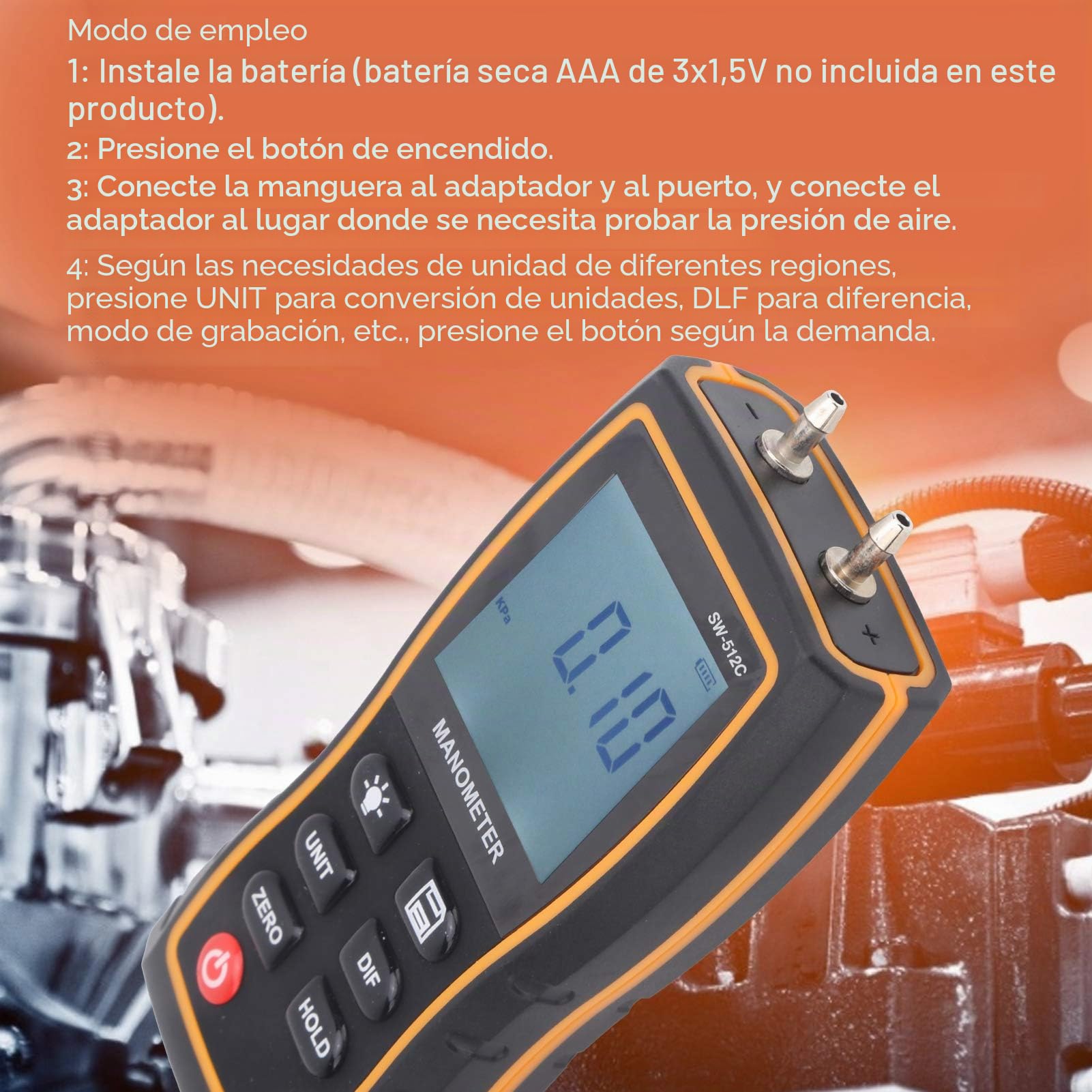 SW-512C Medidores de presión diferencial Manómetros con pantalla digital Probador de presión de gas HVAC de alta precisión Barómetros de aire de mano con conexión rápida Bolsa de manguera