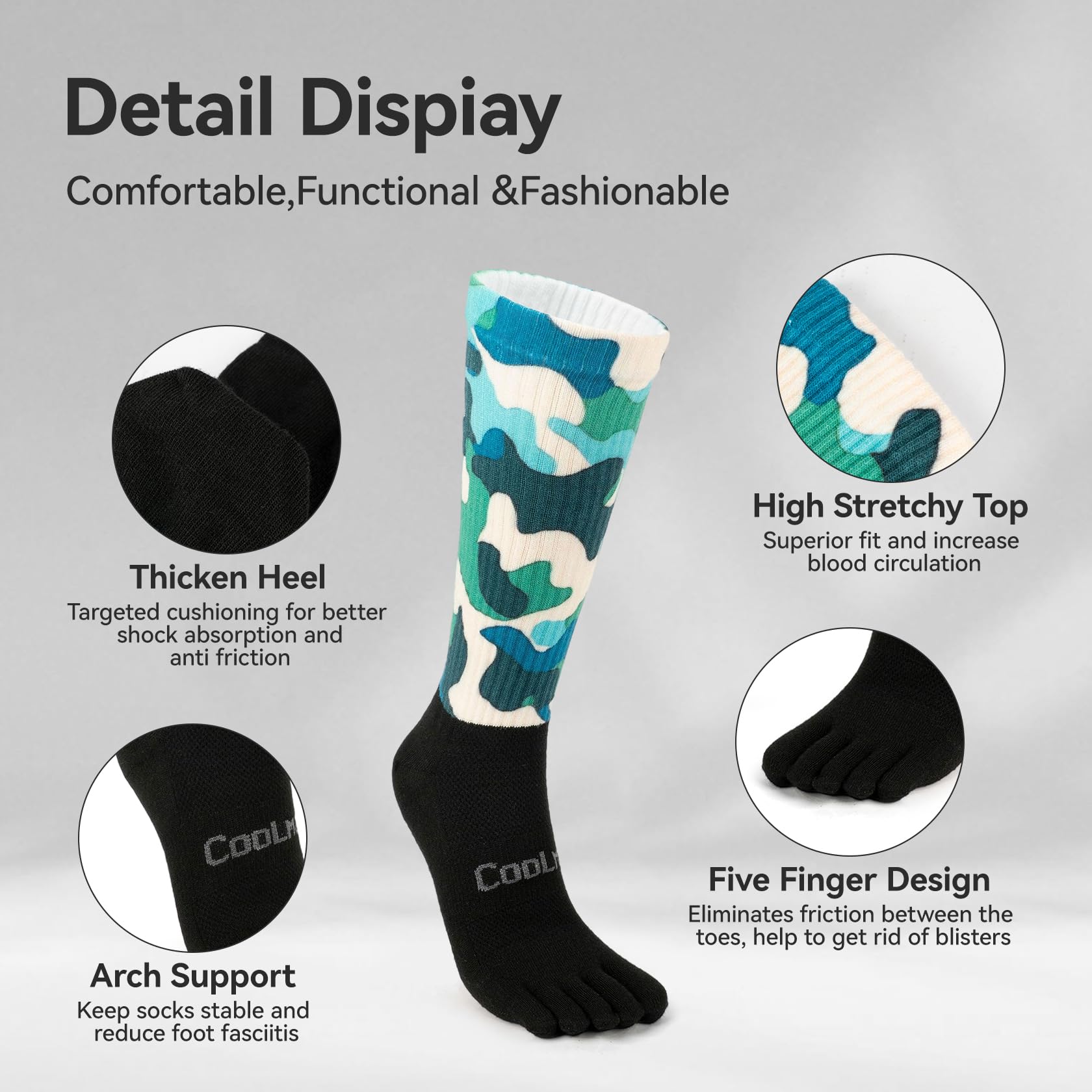 Coolmax - Calcetines de punta para mujer y hombre, antiampollas, con zona de compresión, red de malla de ventilación y soporte de arco