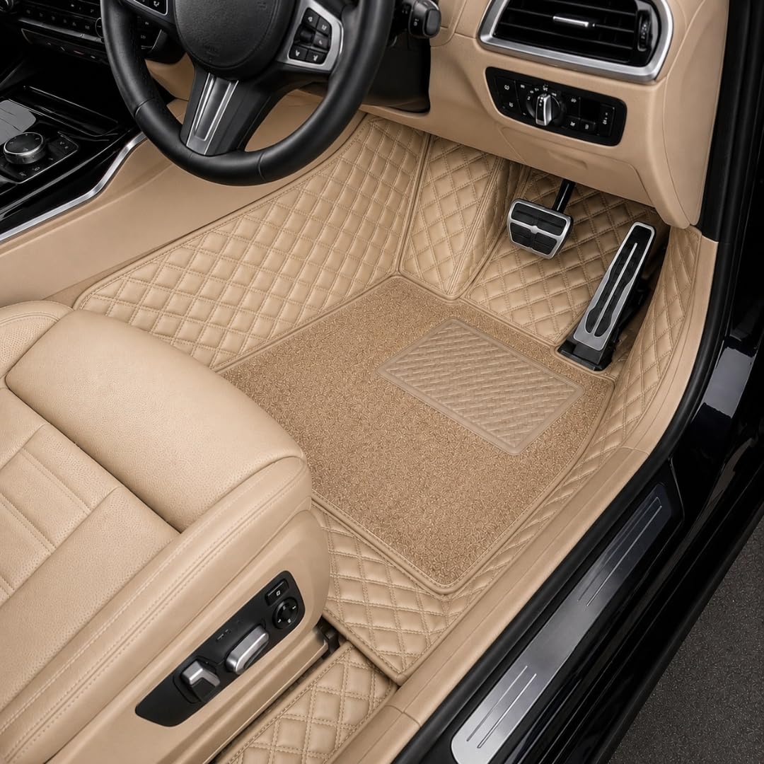 7D Car Floor Mat for Tata Sierra EV 2025-2026 | Beige | Premium Luxury Leather with Grass Mat | Double Layered Stitched | Waterproof & Washable | Custom Fit