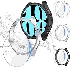 [3+3Pièces] Kamita Coque Compatible avec Samsung Galaxy Watch 6 44mm avec Verre Trempé Film, 3 Protection Écran et 3 Dur PC Bumper Case Étui de Protecteur Housse pour Galaxy Watch6(Clair+Noir+Argent)