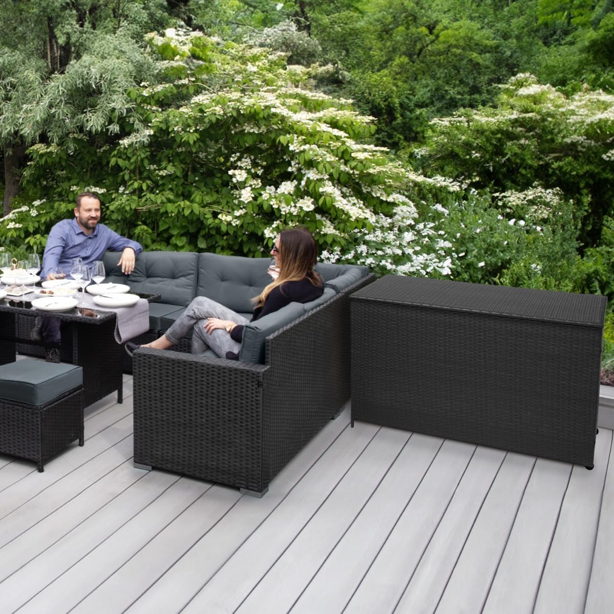 Set pranzo ad angolo in rattan e box da giardino Nero 9 posti a sedere Divano Sgabelli Tavolo in vetro Ampia Cassapanca 582L Telaio in acciaio Resistente ai raggi UV Borsa da trasporto impermeabile