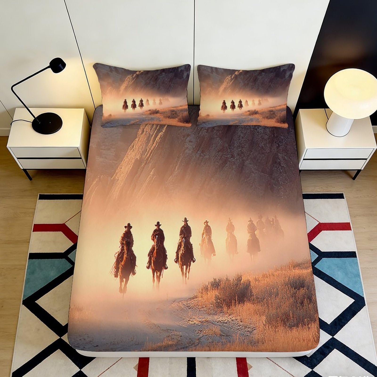 3D Printed Cowboy Desert Sunset Fitted Sheet Microfiber Soft Bed Cover for Bedroom Dorm Mattress Protection 200x200x25cm