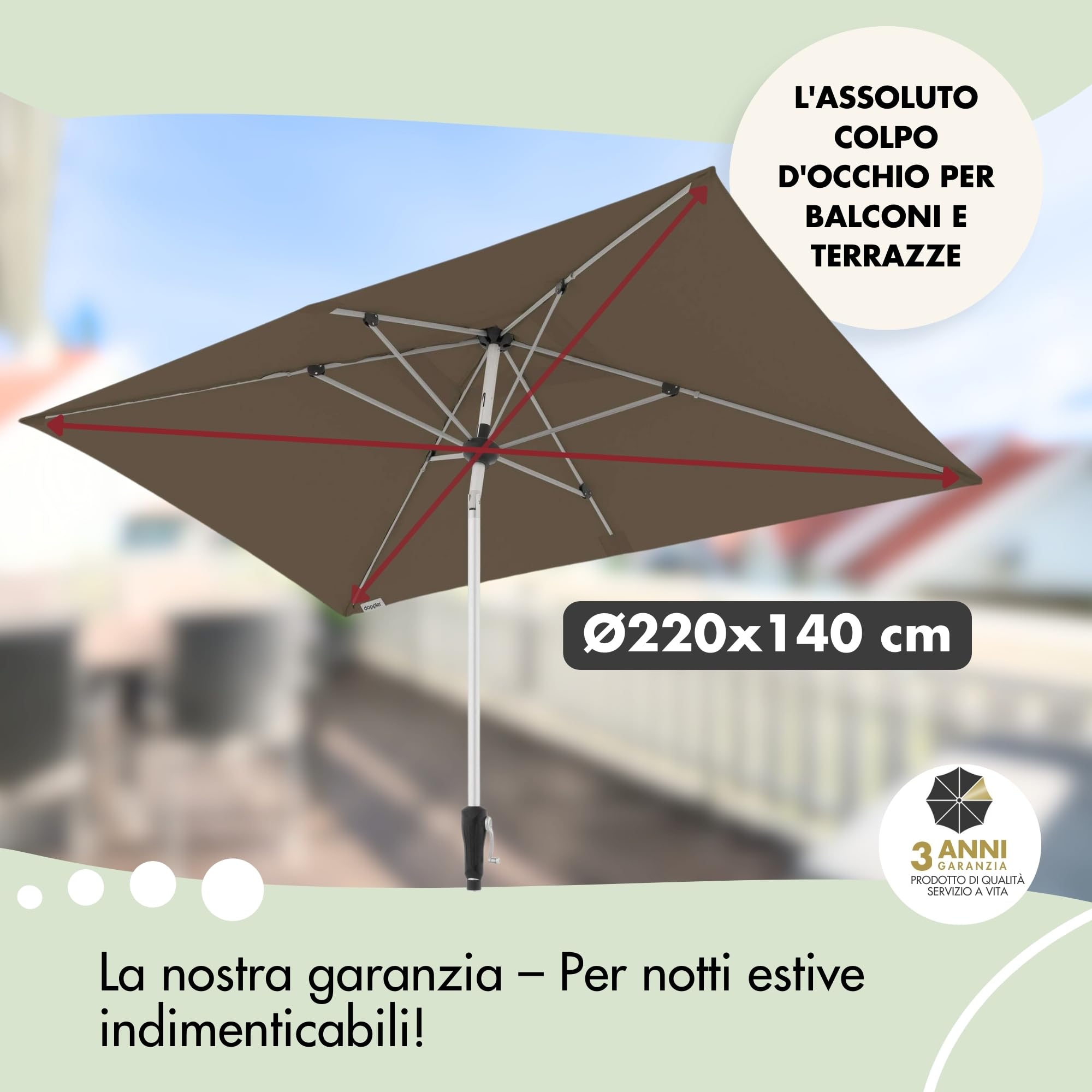 Doppler Ombrellone Rettangolare 220×140 cm in Alluminio – da Giardino con manovella, inclinabile, per Balcone e terrazza, Protezione UV 80+