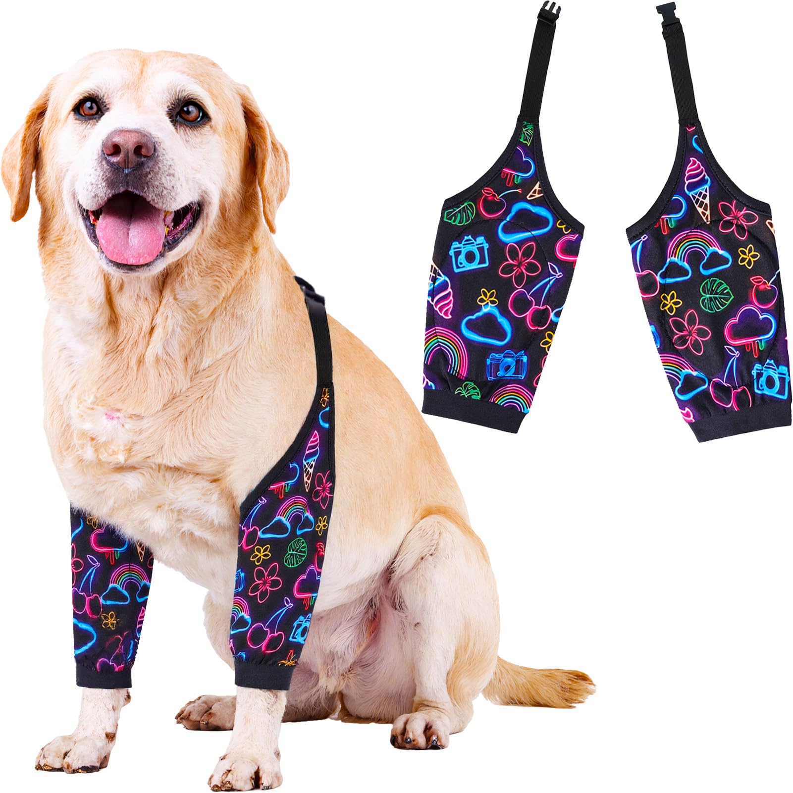 Dog Elbow Wraps Knee Protector Pads Elbow Callus Treatment Sleeve for Wounds Front Legs Prevent Licking for Medium Large Dogs 3XL,Rainbow