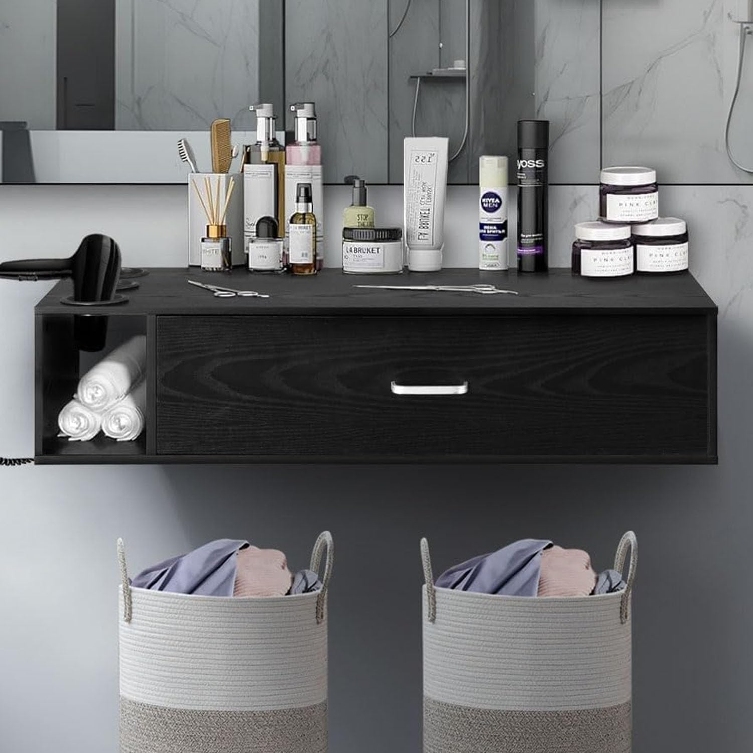 4ever2buy Wall Mount Station for Hair Stylist, 36” Beauty Salon Stations with Drawer, Hair Salon Station Cabinet, Stylist Salon Stations Storage