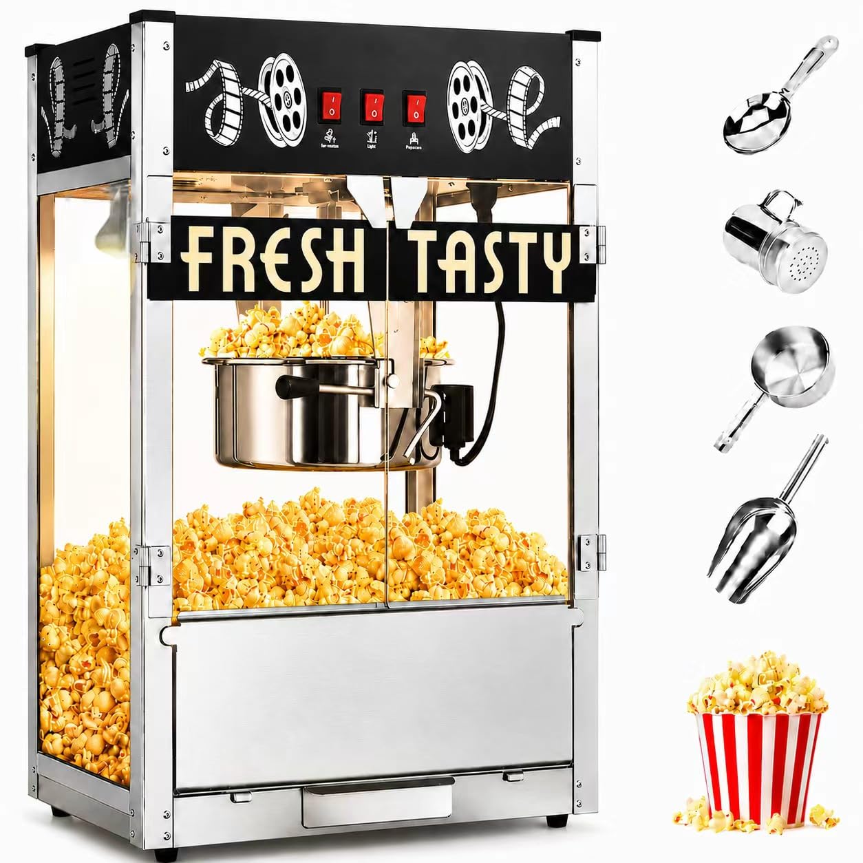 32 Oz Commercial Popcorn Machine, Large Popcorn Maker Machine, Movie Theater Countertop Pop Corn Machine with 3-Switch Control &amp; Tempered Glass Doors, Black