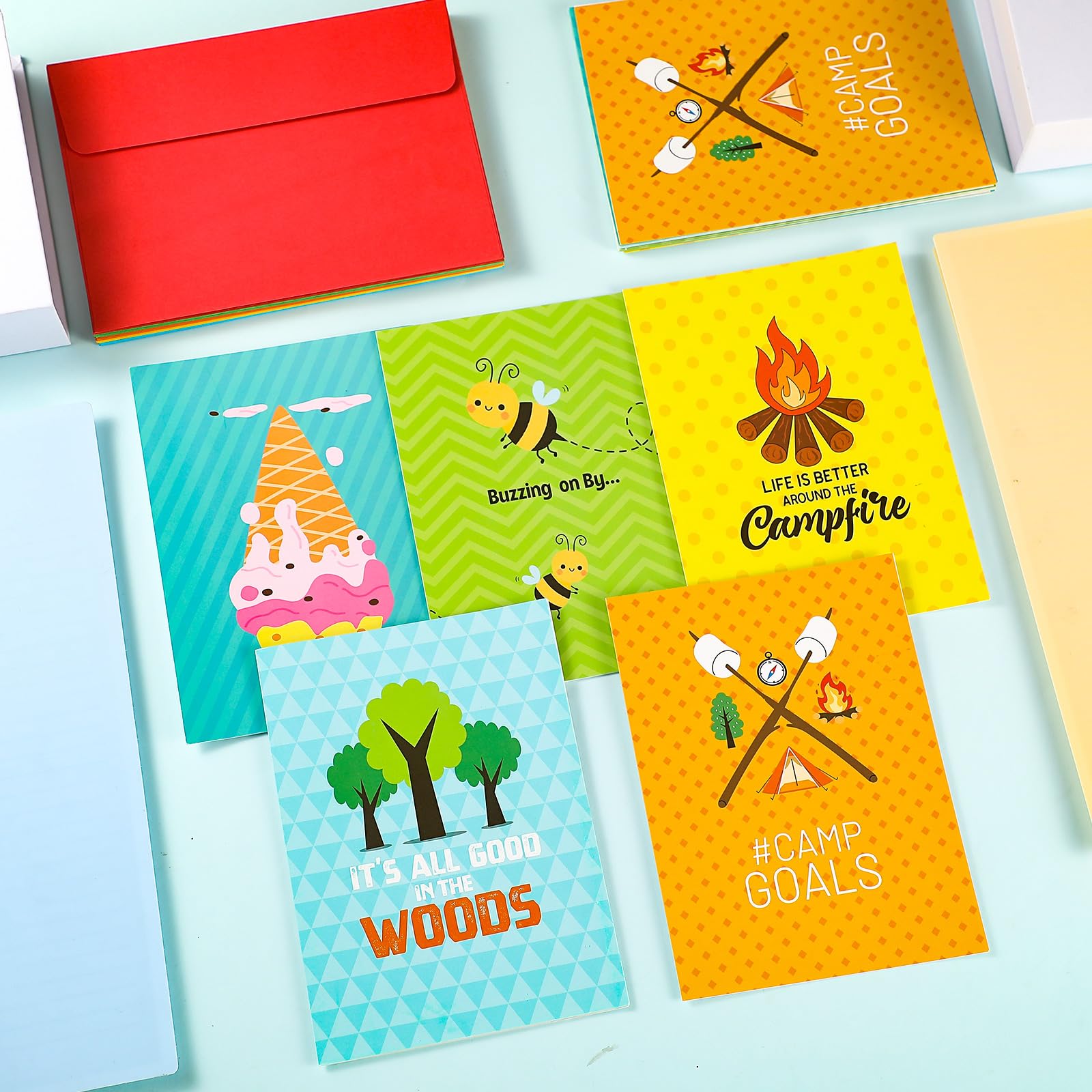 Watersay Juego de 15 tarjetas de felicitación de campamento con sobres, cartas, tarjetas planas para campistas, fiestas de verano, excursionistas, viajeros de aventura, amantes del aire libre