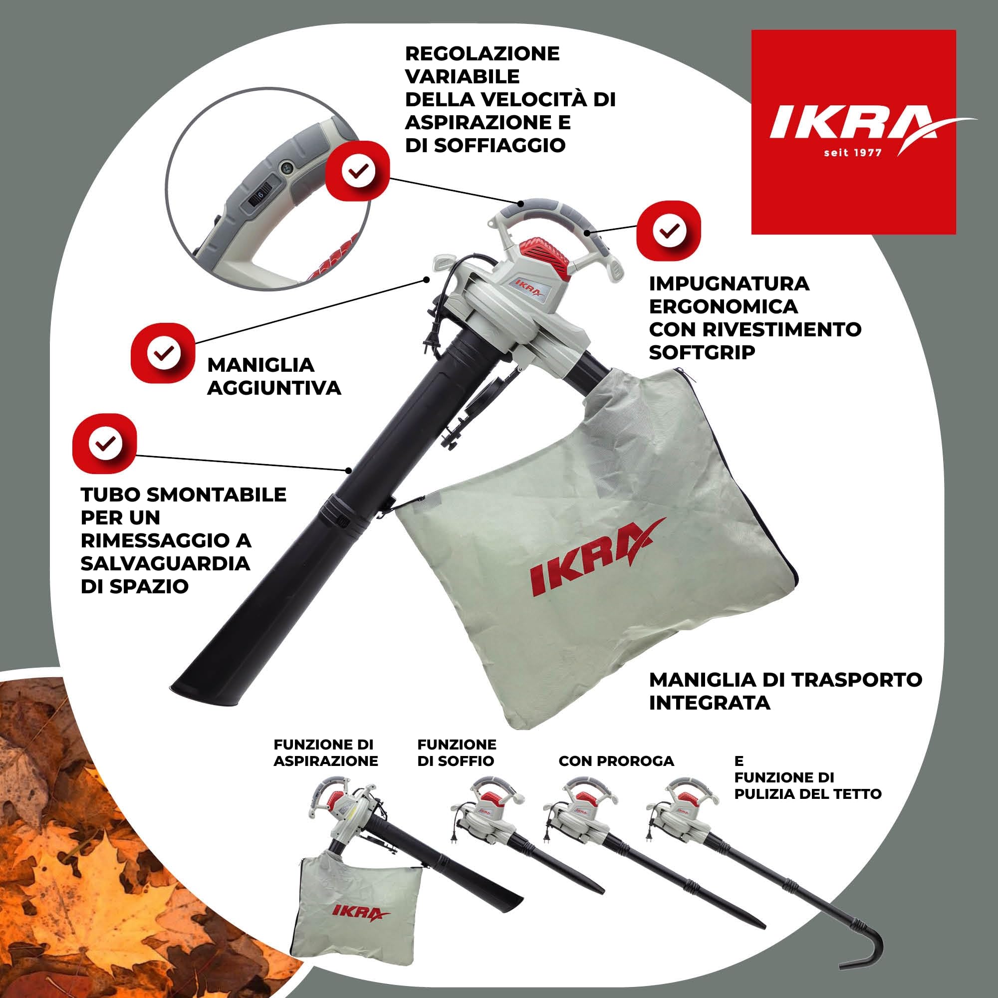 IKRA aspiratore soffiatore elettrico IEBV 3200 3in1, incl. prolunga per la pulizia delle grondaie, 3200 W