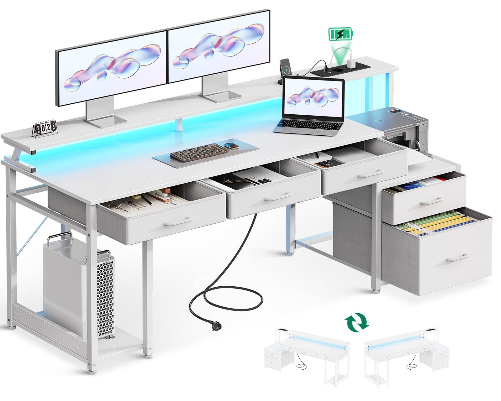 Coleshome Escritorio con 5 Cajones de Tela, Escritorio Gaming con Soporte para Pantalla y Luces LED, Mesa Escritorio Reversible con Toma de Corriente, Oficina en Casa, Blanco, 160x48cm