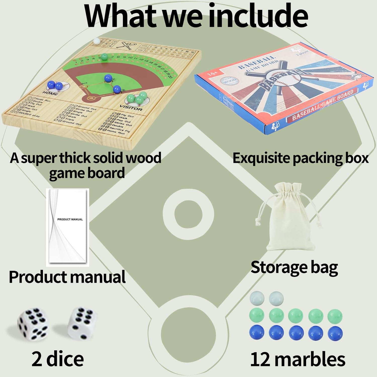 Baseball Dice Board Game Solid Wood Dice and Marble Board Game Fun Double Battle Table Game for Adults Family, Party and Holiday Gatherings (Log Color)