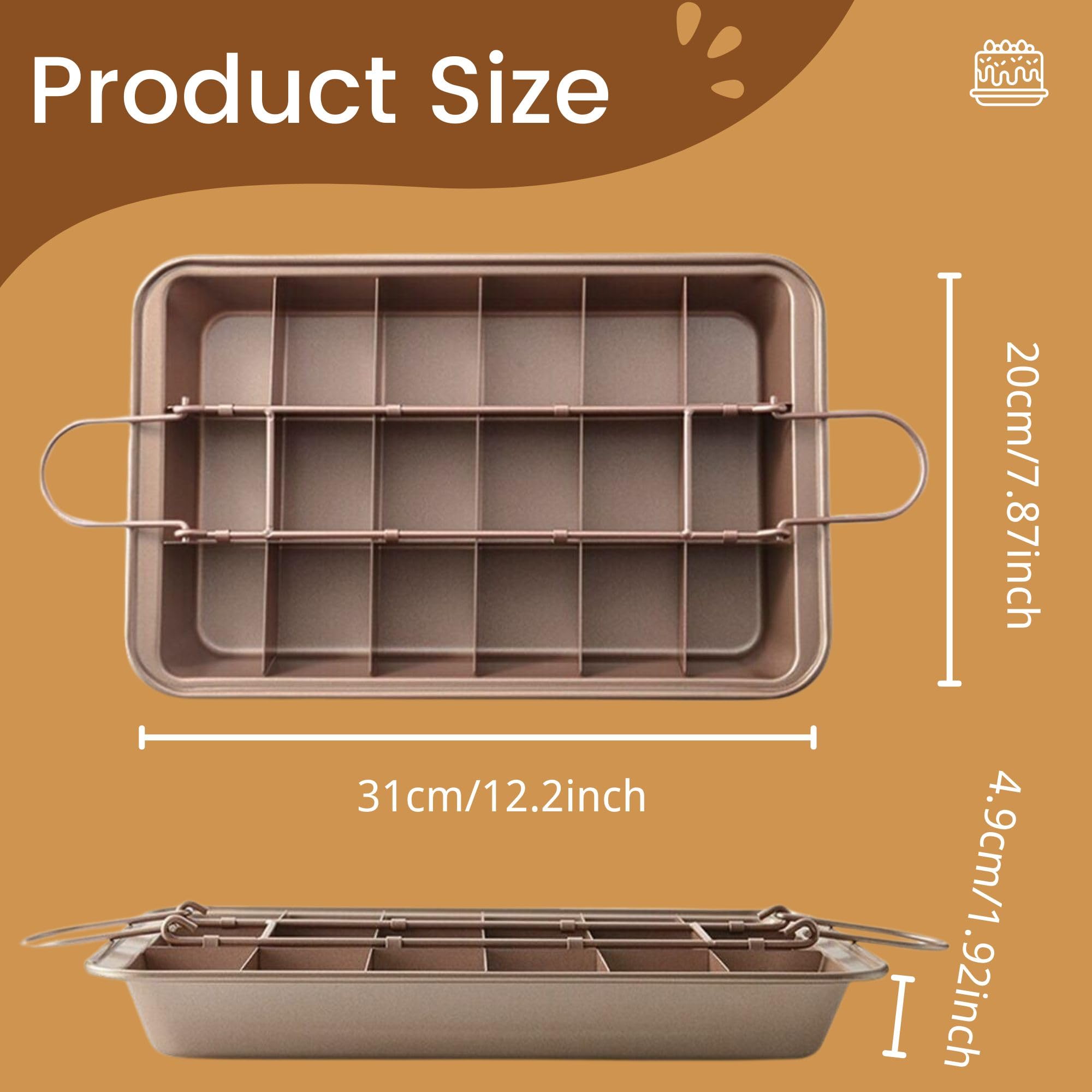 KiNeX Brownie Backform, Antihaftbeschichtete Kuchenform Brownie mit Trennwänden, Antihaftbeschichtete Brownie-Pfanne für Professionelle Scheiben, für 18 Vorgeschnittene Brownies, Karbonstahl, Gold