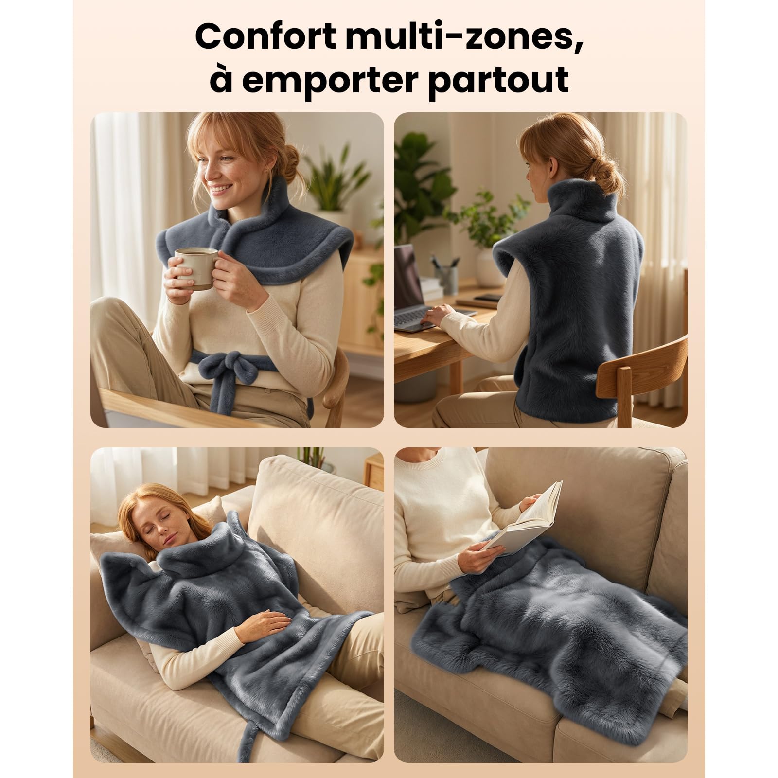 BOB AND BRAD Coussin Chauffant Électrique pour Dos, Nuque et Épaules, 6 Niveaux de Chaleur, 4 Minuteries, Chauffage Rapide, Flanelle Lavable, Cordon Extra Long 2,74m, 60x85cm- Gris
