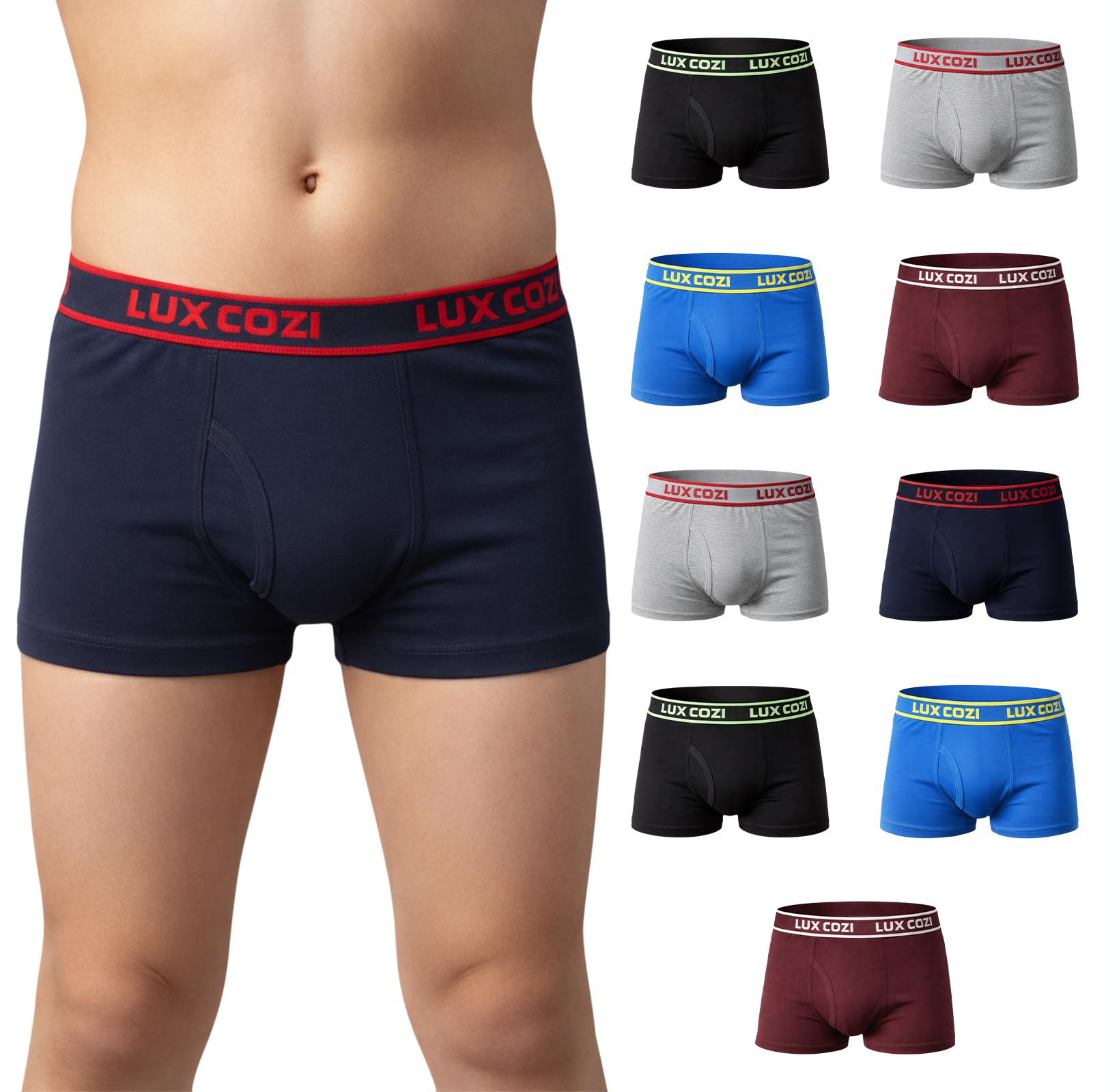 Lux Cozi Traje de baño semilargo elástico exterior de algodón súper peinado para niños, traje de baño de longitud media para niños, ropa interior para niños (el color y los estampados pueden variar)