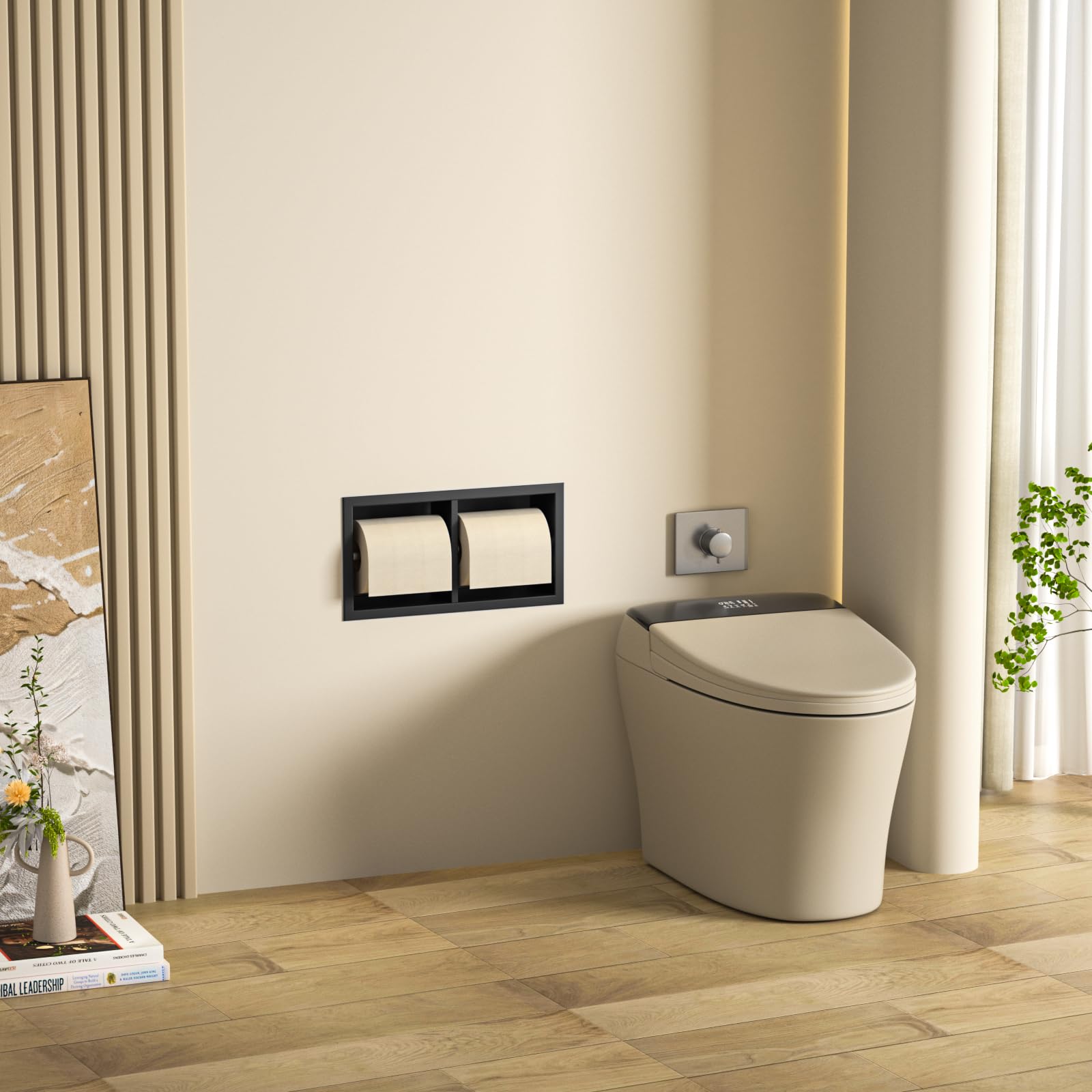 Portarrollos de baño empotrados de acero inoxidable, armario de baño con soporte para papel higiénico, soporte para papel higiénico con almacenamiento, 10 × 18 × 34 cm, negro