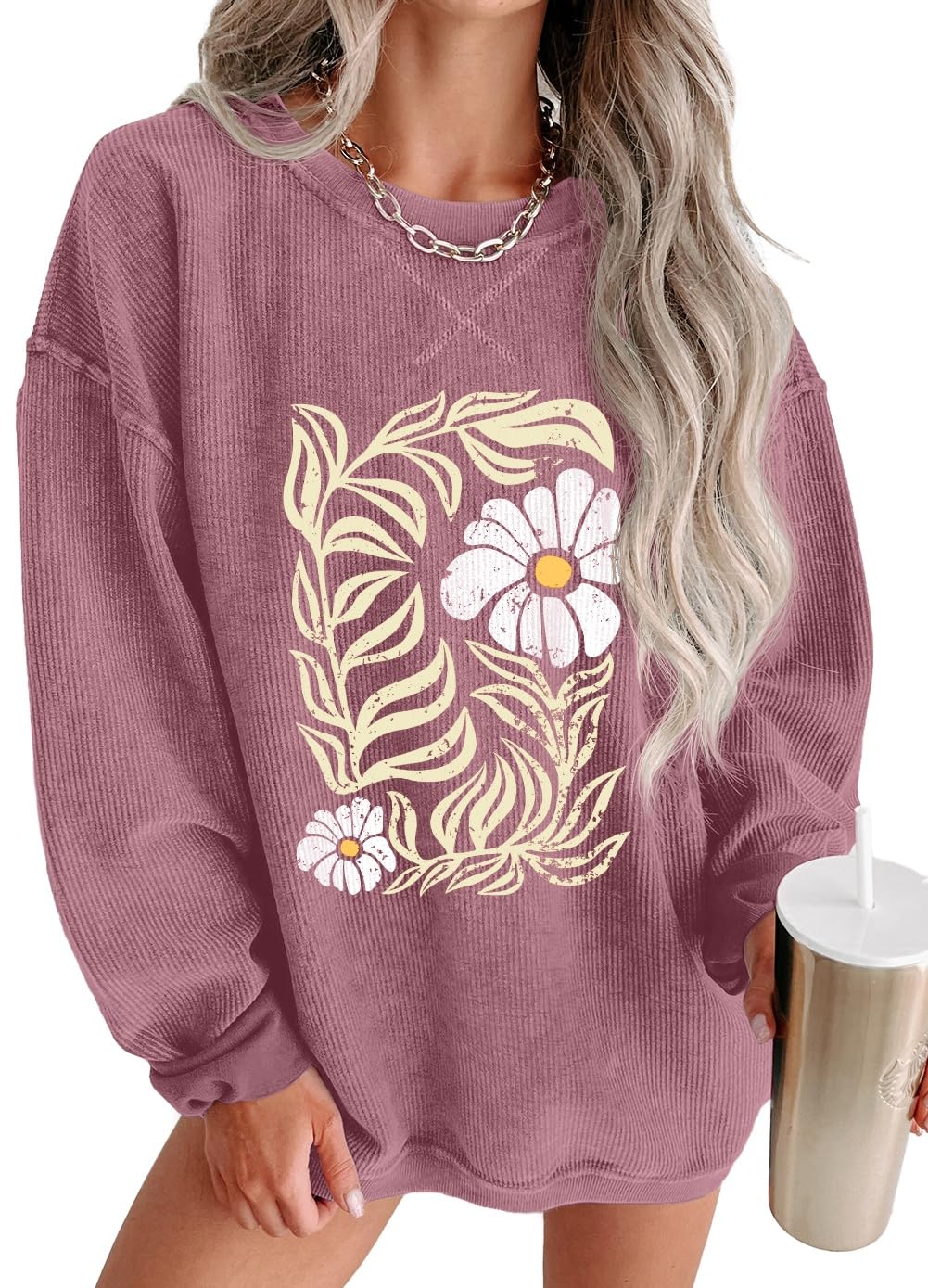 ONLYSTORY Womens Sweatshirts Oversized Cored Corduroy Pullover Tops