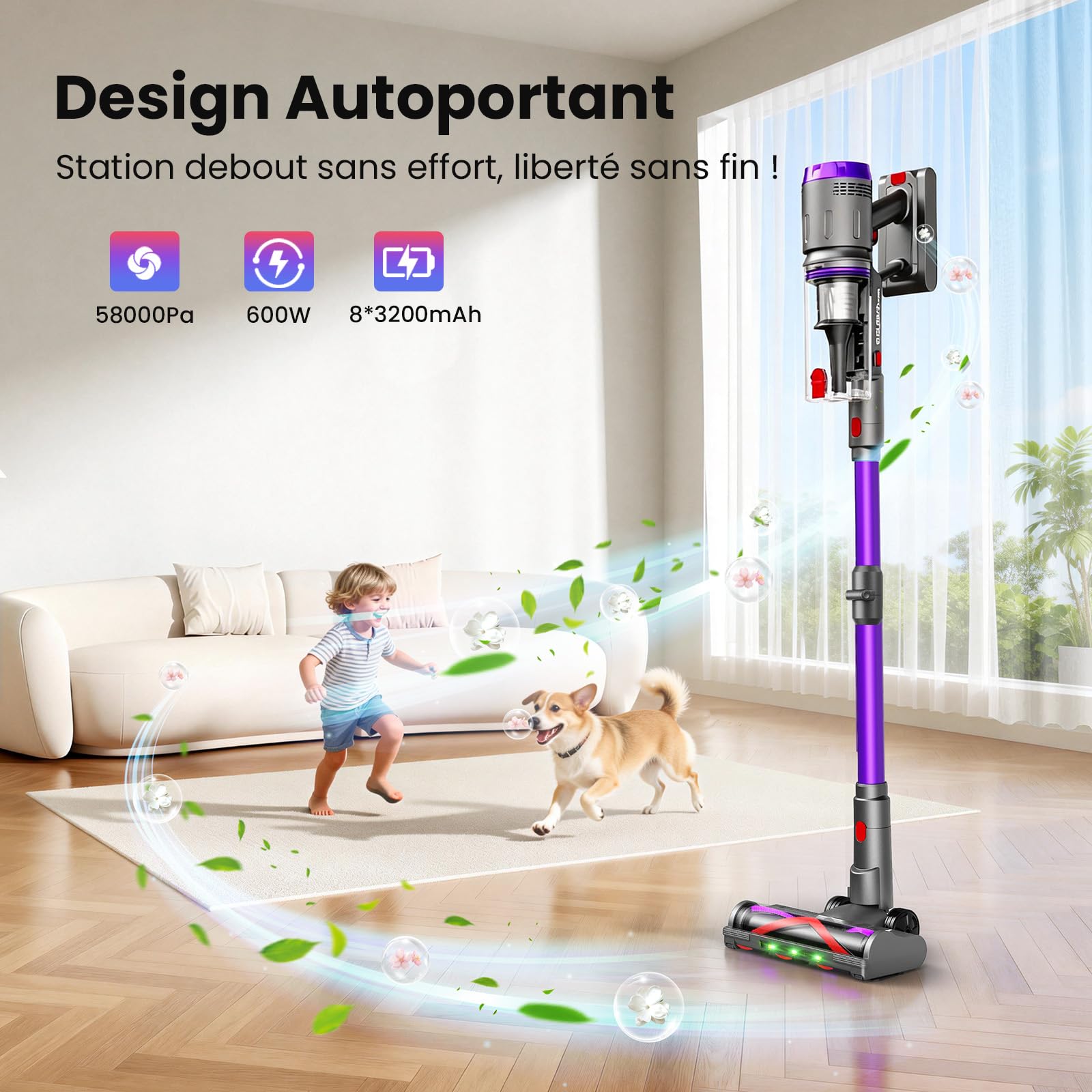 Aspirateur Balai sans Fil 600W/58000Pa/75min, Aspirateur sans Fil Puissant avec Écran LED Intelligent, Brosse Anti-emmêlement, Station de Charge, pour Tapis, Sols Durs, Poils d'animaux