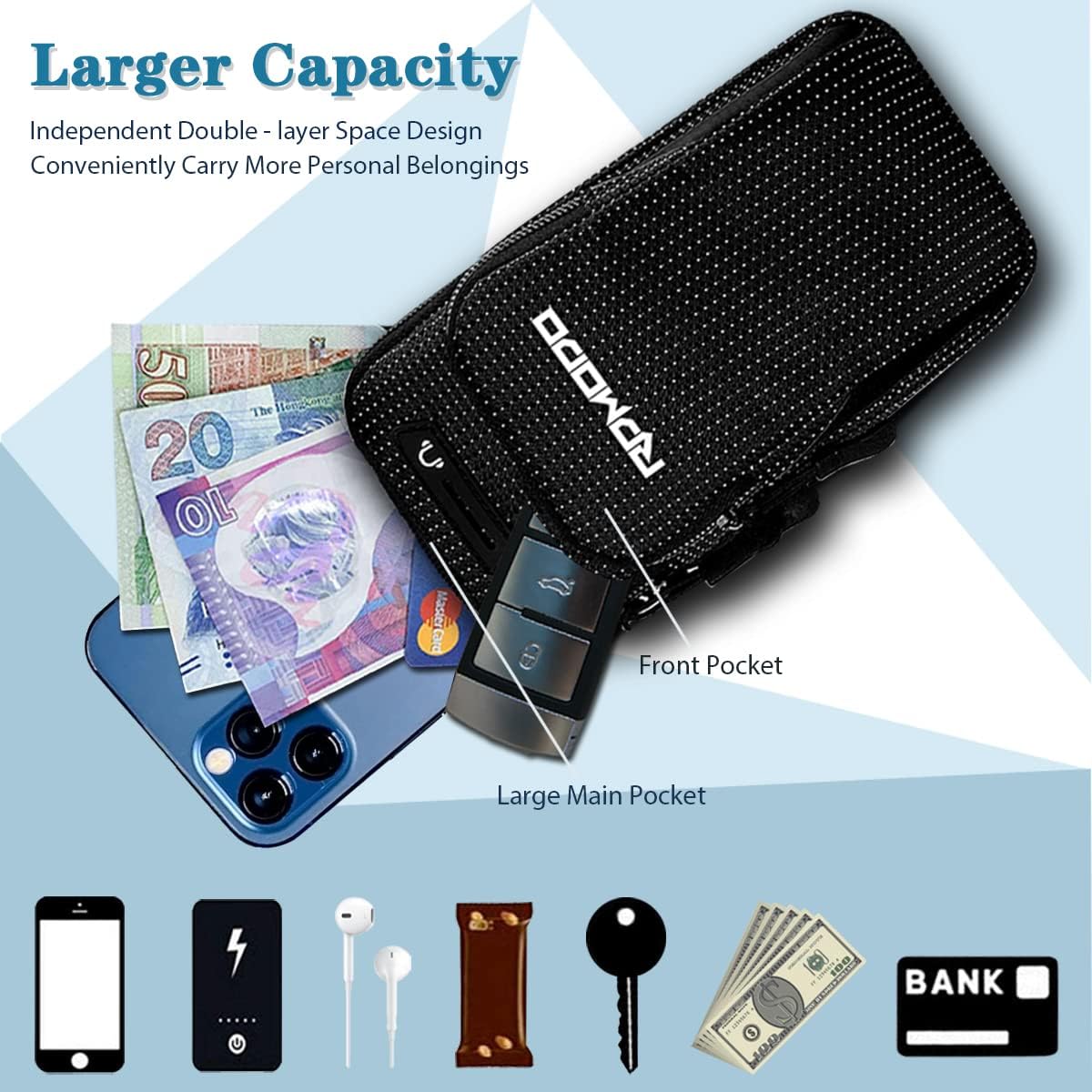 Running Armband Phone Holder, Water Resistant Arm Bands for iPhone Samsung LG Card Keys, 2 Pockets Plus Size Elastic Band Phone Pouch for Running Exercise Gym Walking Women Men Under 7.5 Inch - Image 2