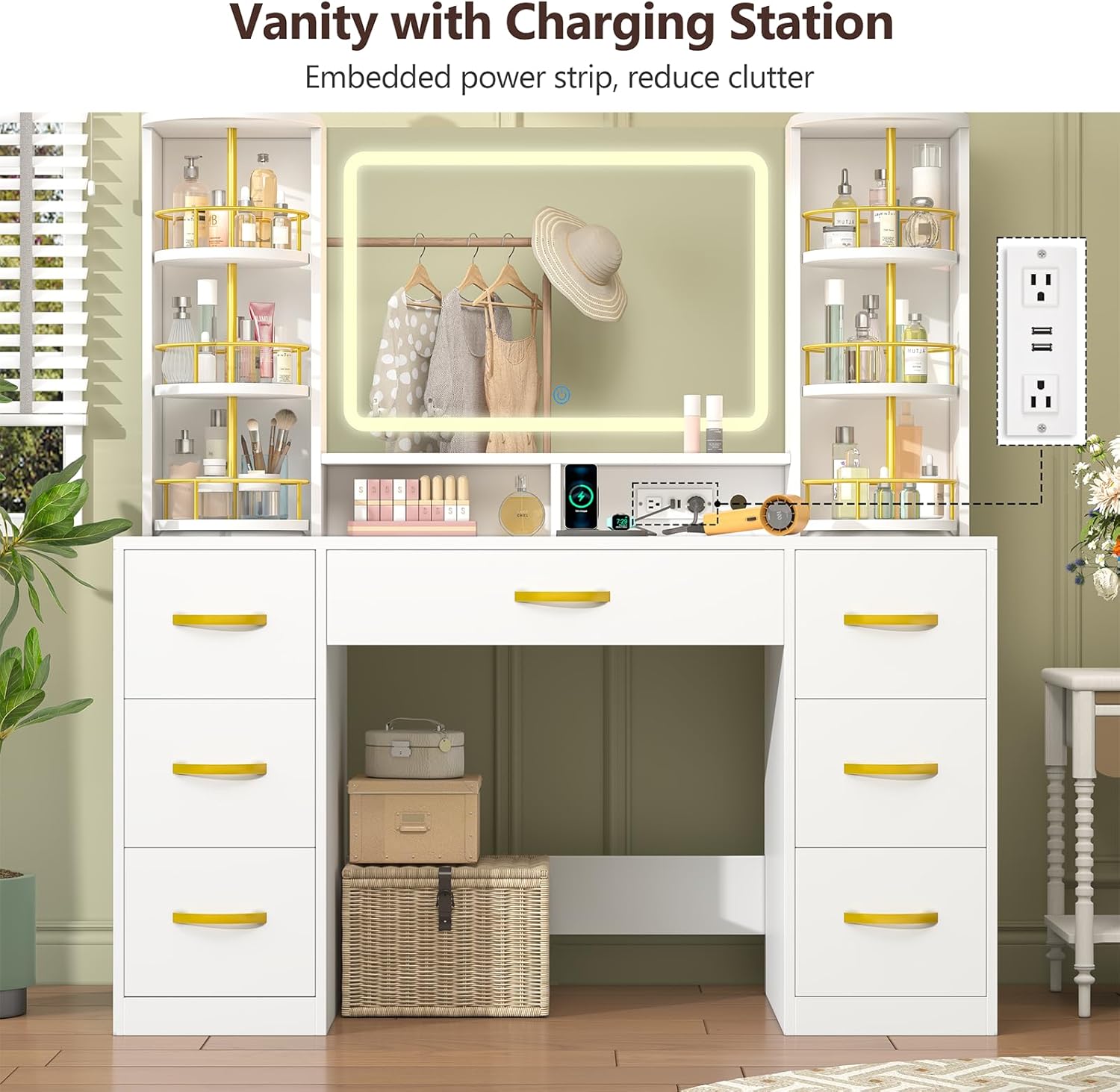 Vanity Desk with Mirror and Lights, White Makeup Vanity Table with 360° Roating Shelves, Large Vanity Desk with 7 Drawers, Power Outlet, Dressing Table Set with Lighted Mirror Adjustable, for Bedroom