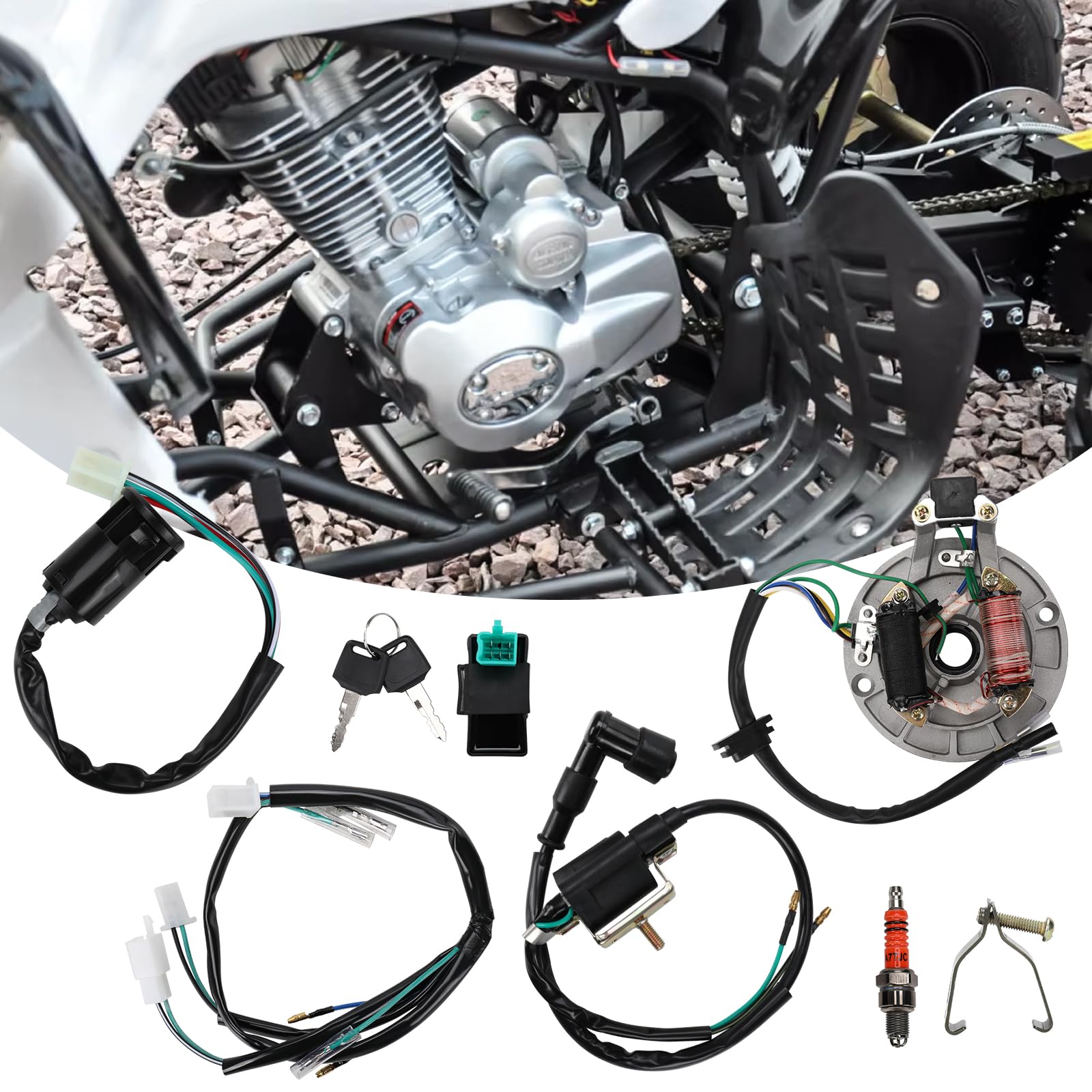 Bobina de Encendido CDI Bujía Cable Arnés Magneto Estator Kit, Magneto Estator Eléctrico Arnés de Cableado Relé Solenoide para 50cc -140cc Kick Start Dirt Pit Bike ATV