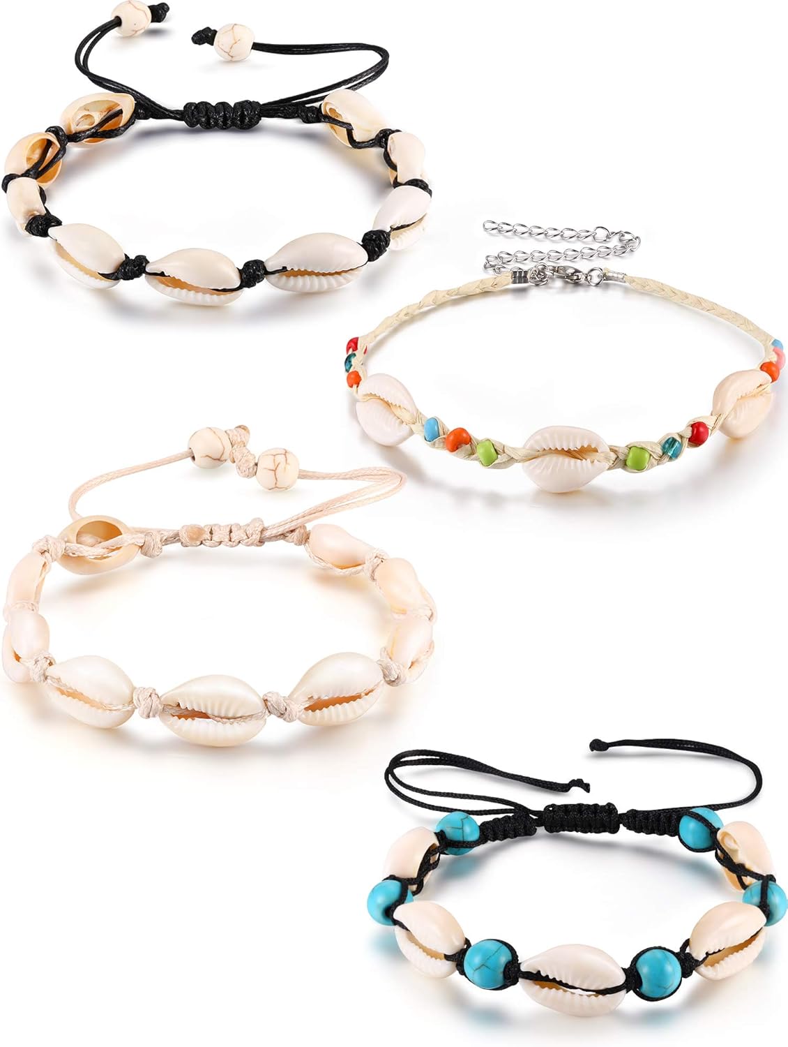 meekoo 4 Pcs Galentines Day Natural Cowrie Shell Ankle Bracelets Seashell Crochet Ankle Bracelet Handmade Boho Anklet Jewelry Adjustable Shell Bead Anklet for Women Hawaii Beach Parties