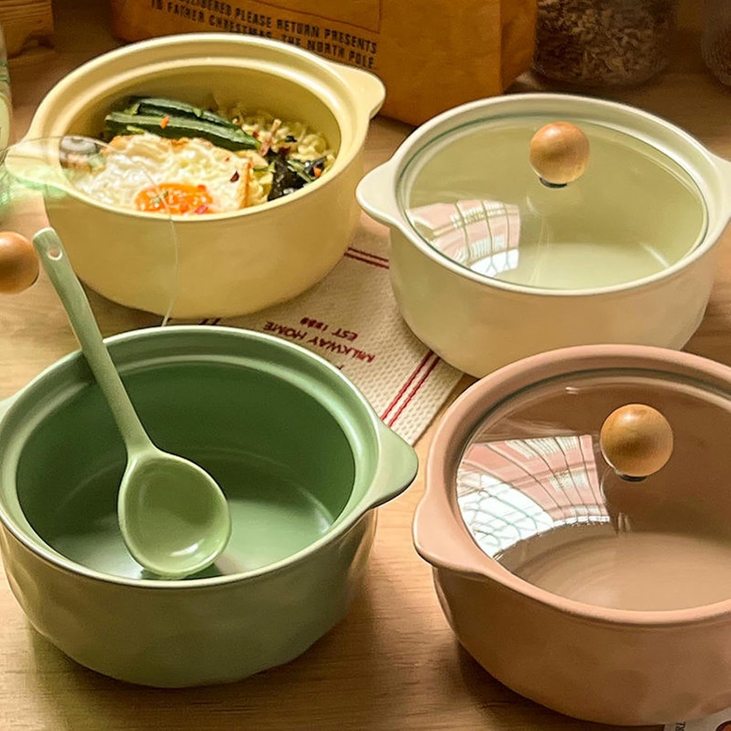 Ceramic glazed ear bowl with cover Nordic fresh personality tableware-off-white