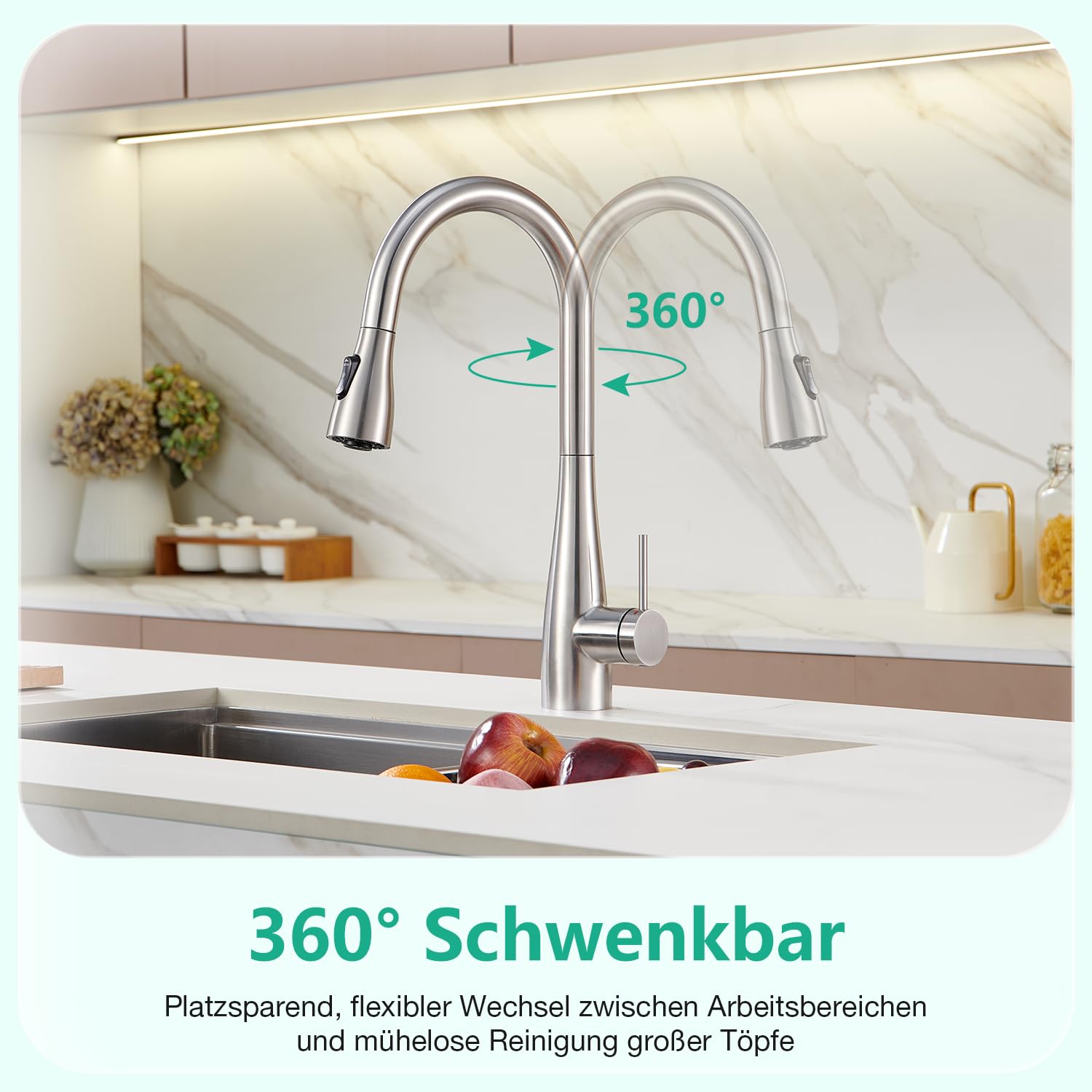 CREA Wasserhahn Armatur Küche Ausziehbar, Küchenarmatur mit Brause 3 Wasserstrahlarten, Einhebelmischer Spültischarmatur, Gebürstet
