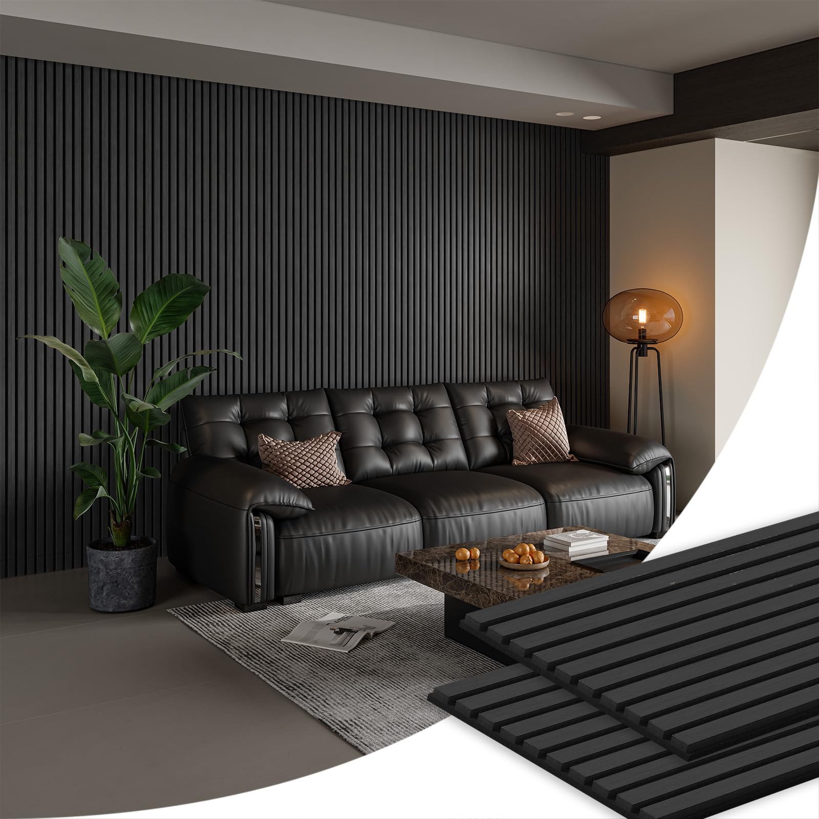 SMARTSTANDARD 2 Pack 105.9 x 12.6 Inch Wood Slat Wall Panels, Deep Gray