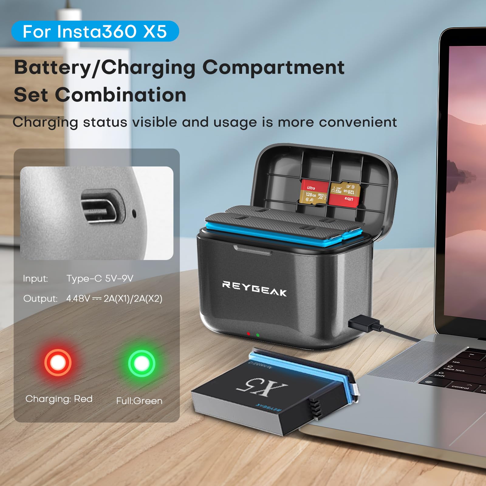 REYGEAK Batería de litio recargable para Insta-360 X5, 2 baterías de 2800 mAh de alto rendimiento con cargador para insta-360 X5 (cargador + 2 baterías)