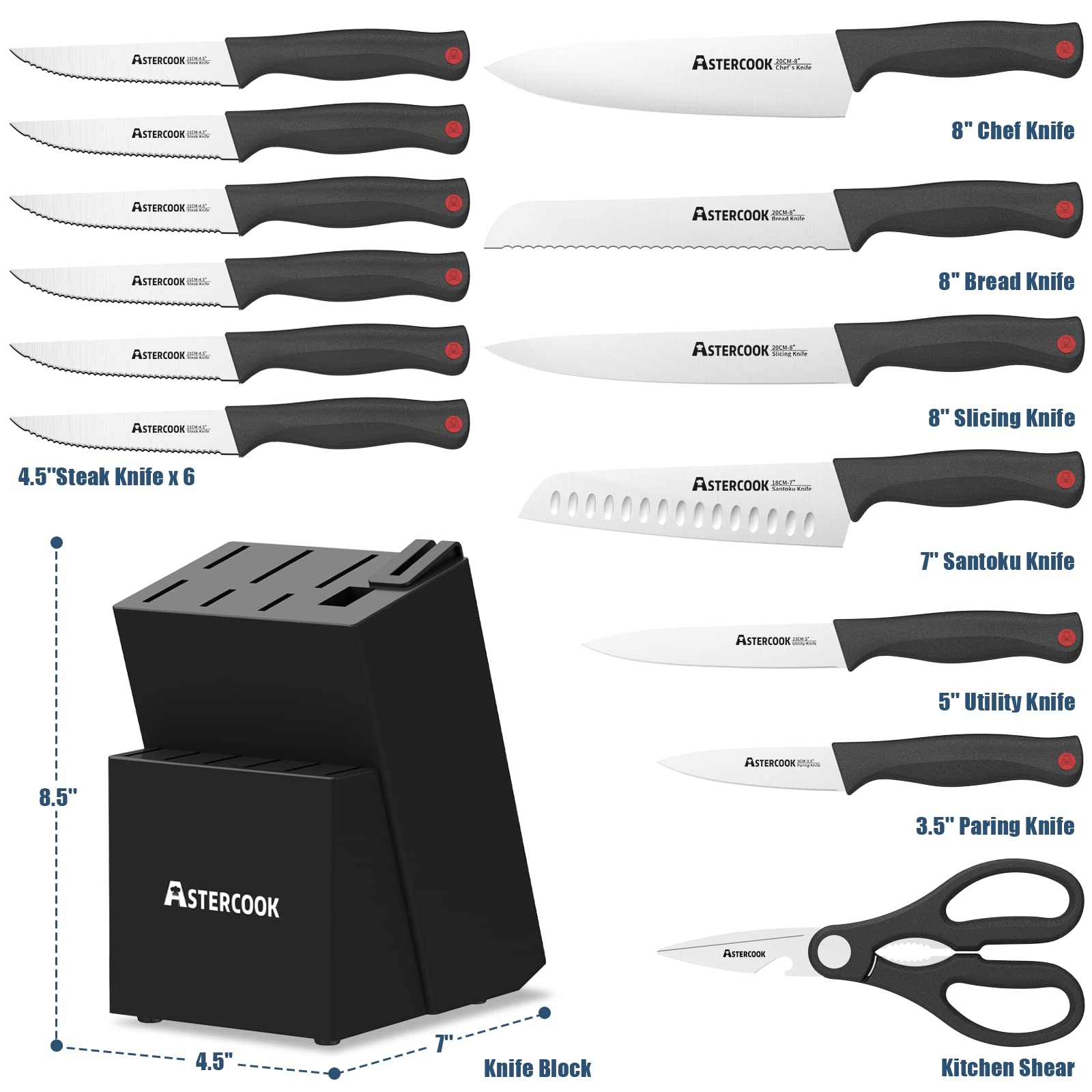 Astercook Knife Set with Builtin Sharpener Block, Dishwasher Safe Kitchen Knife Set with Block