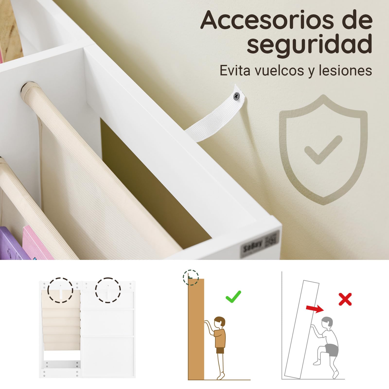 SoBuy Libreria Infantil Montessori con 6 Bolsillos Tela 80x40x80cm | Estanteria Libros Infantil con Almacenaje Juguetes, 3 Estantes y 1 Cajón de Tela, Mueble Infantil, Blanco, KMB119-W