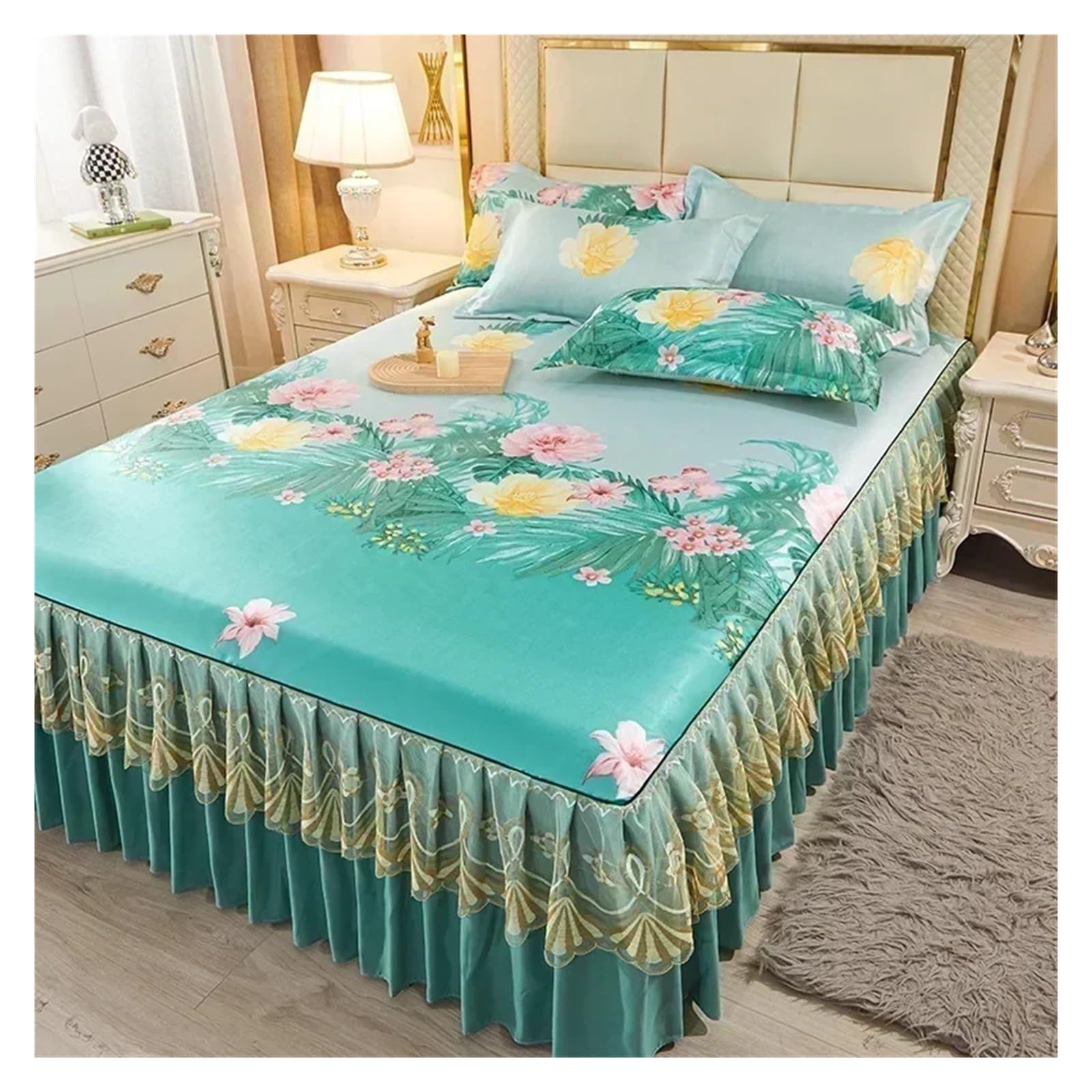 Bedding Set Folding Embroidered Sheets Bedding Bed Skirt King Queen Size Bed Sheet Set with Pillowcases(Color 19,3 pcs 180x220cm)