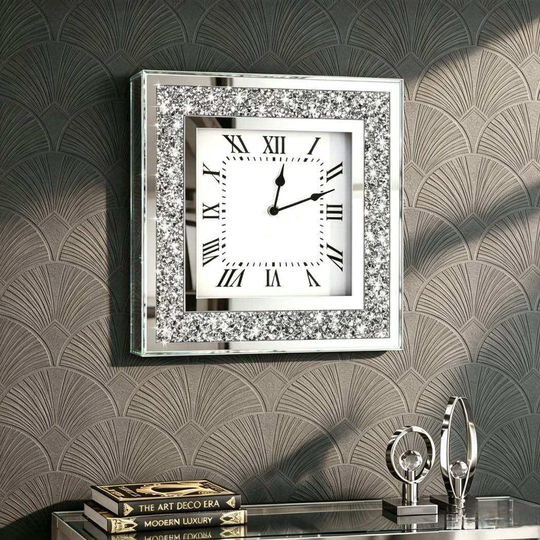 Amazon.com: Crystal Crush Diamond Mirrored Square Wall Clock with