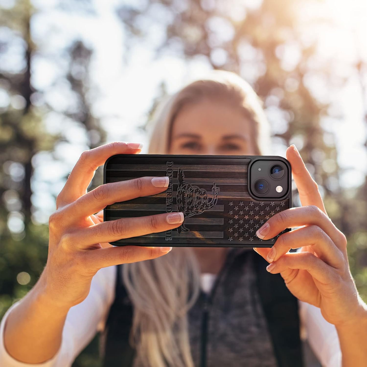 Carveit Magnetic Wood Case for iPhone 14 Plus Case [Natural Wood & Black Soft TPU] Unique & Classy Wooden Shockproof Protective Cover Compatible with magsafe (Gadsden Flag -Blackwood)