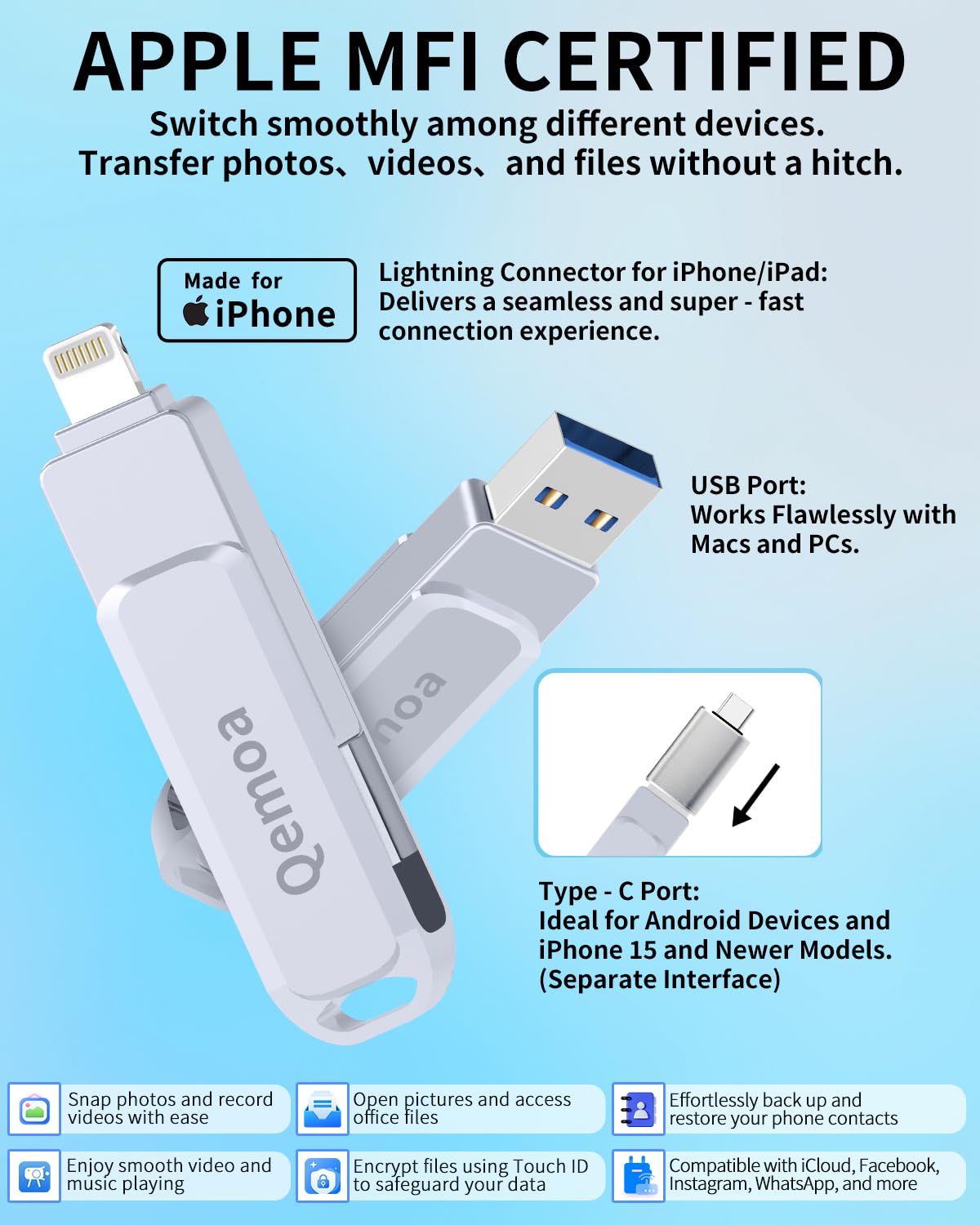 MFi Certified 512GB Flash Drive Photo Stick for iPhone, External Memory Photo Keeper Storage for Data Saver/Backup/Transfer Files/Picture/Video/iPhone/iPad/iOS/Android/PC (Gray)Available Space: ~484GB