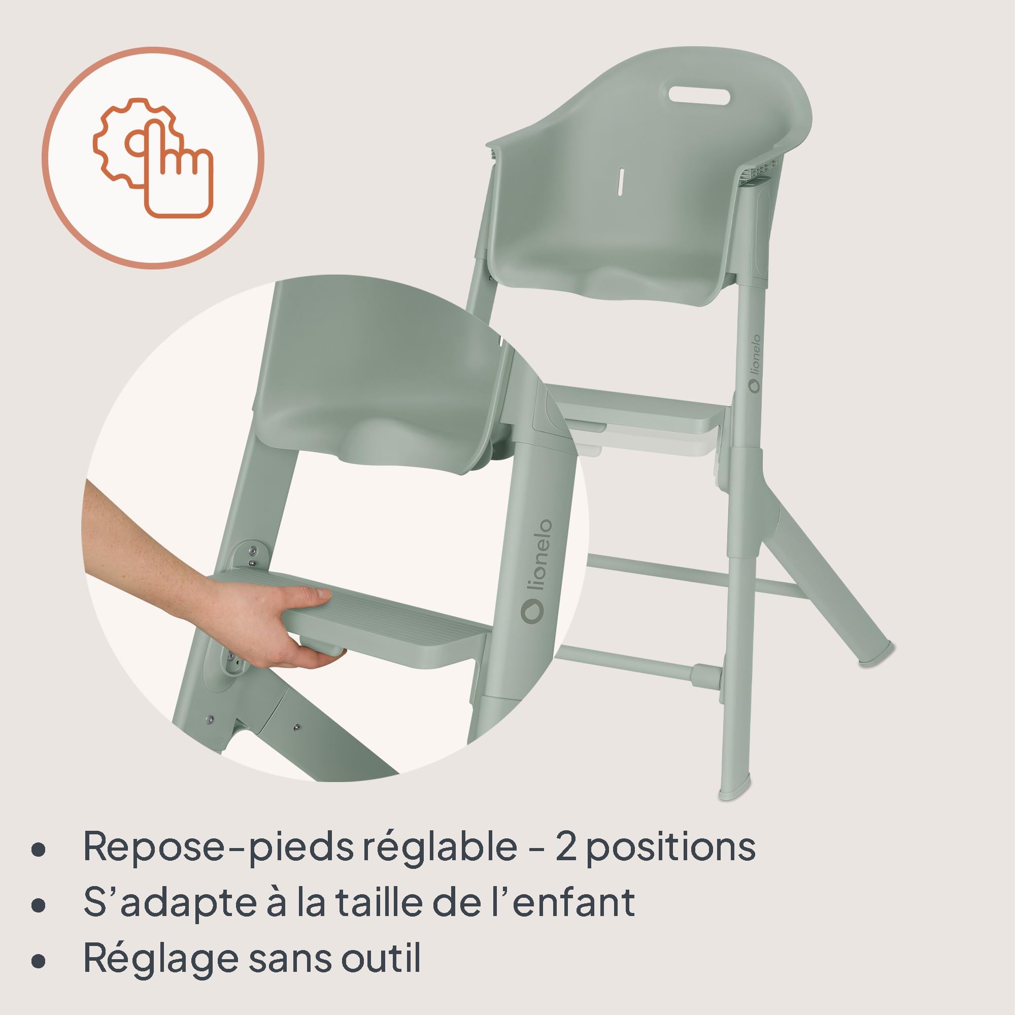 Lionelo Beny Chaise Haute Bébé 6-36 Mois, Tablette Réglable, Jusqu’à 15 kg | Repose-pieds réglable à 1 main sur 2 niveaux, harnais 3 points, insert confortable, nettoyage facile, Vert Sauge