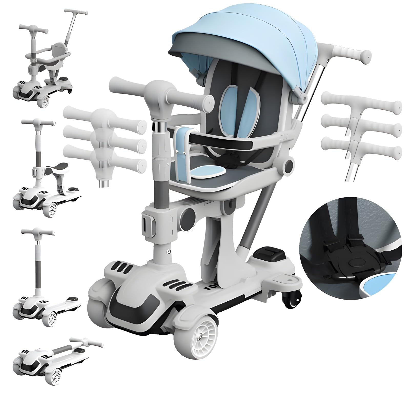 LHTJHP 6 in 1 Kids Scooter, Foldable Scooter for Children Over 1 Year Old with Five-Point Safety Belt-360 Degree Rotating Seat-Foldable Carport-95°~175° Backrest Tilt-Plastic Steel Frame,Blue