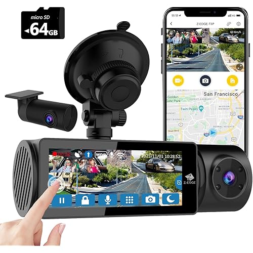 Z-Edge T3P 4K Dash Cam Front and Rear, 4K 2160P+1080P Front and Inside, 5K Front Dash Cam, 2K 1440P+1080P+1080P Wifi Car Camera, GPS, IR Night Vision, Super Capacitor, 64GB Card Included