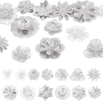 Elecrelive 13Pcs Filigree Flower Bead Caps Silver Spacer Beads Flower Cup Shape Bails End Charms for Necklace Bracelet Earring Jewelry Supplies