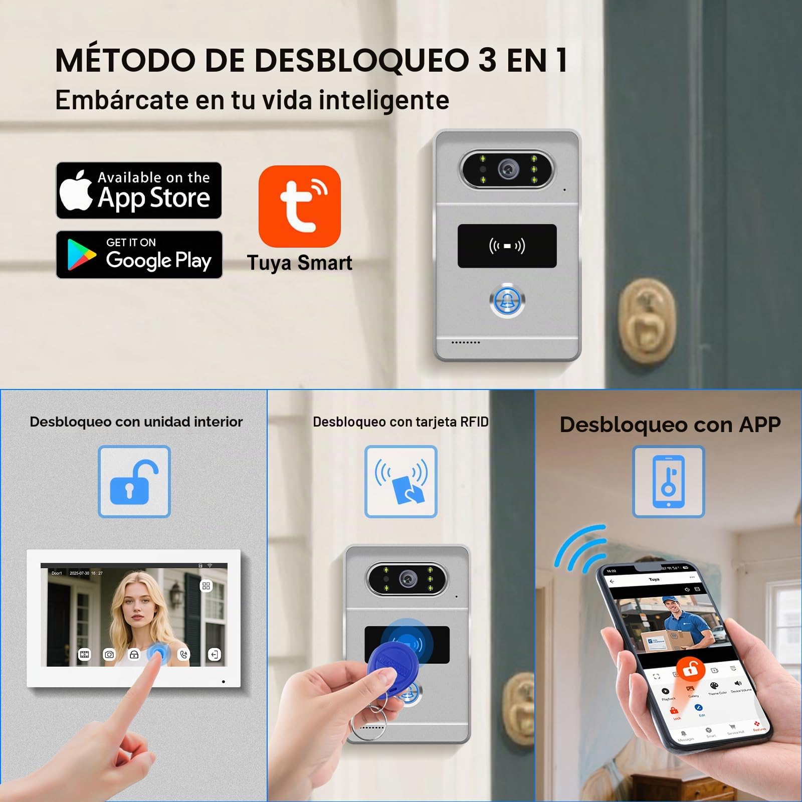 2 Hilos Videoportero WiFi Sistema de Intercomunicación 1080P, Timbre de Video y Pantalla Táctil de 7 zoll con Cable, Desbloqueo RFID &Tuya, Visión Nocturna, IP65, Grabación
