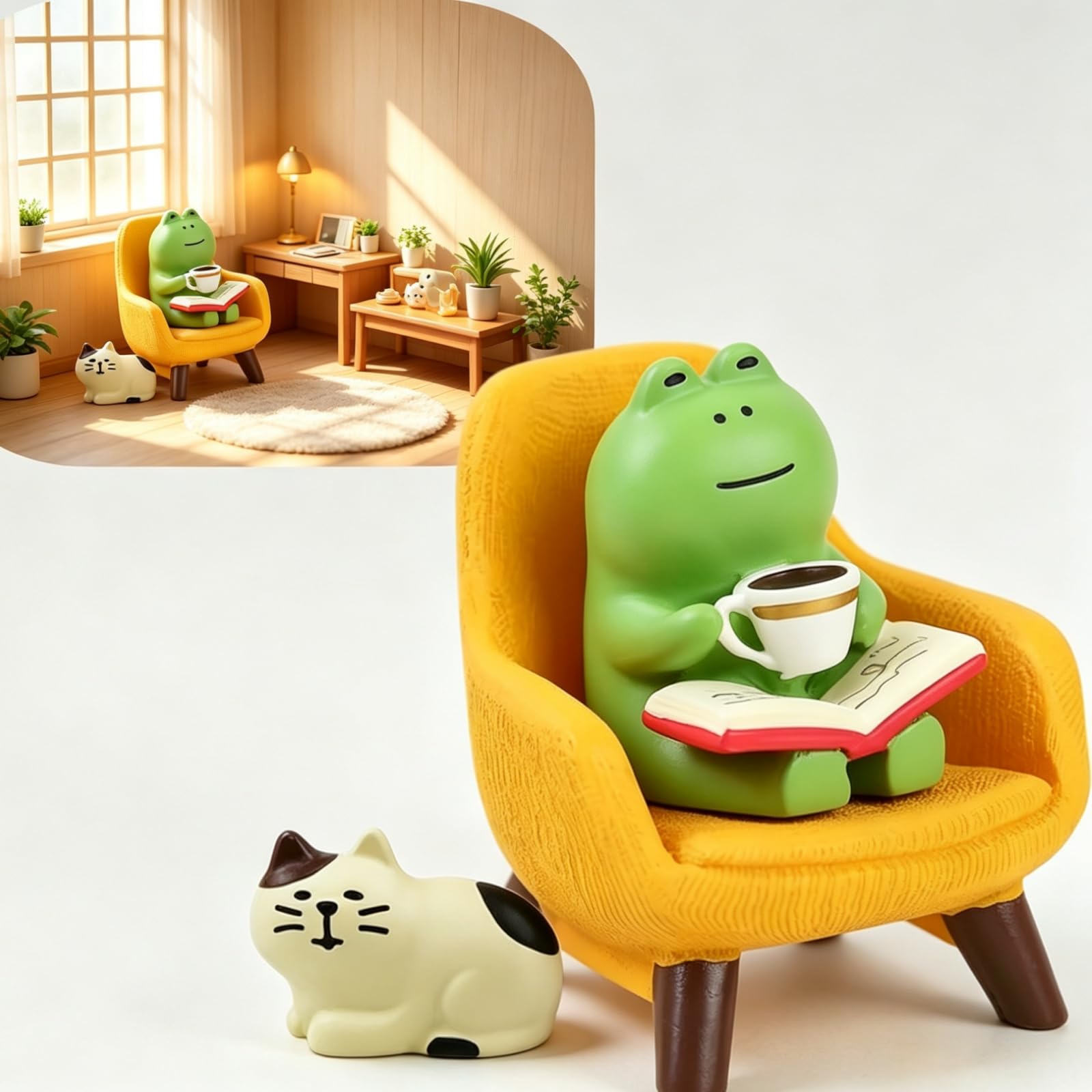 XMHBG Miniature Frog Figurine - Cute Resin Frog Sculpture Drinking Coffee with Cat, Desk Decor for Office & Bookshelf, Gift for Frog Lovers, Cute Desk Accessories (Small Statue)