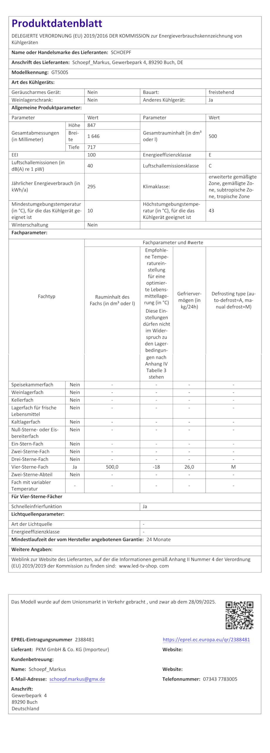 SCHOEPF – GT500S Gefriertruhe 500 L – Weiß – 84,70 x 164,60 x 71,70 cm – Schnellgefrieren - 40 dB – 295 kWh/Jahr – LED-Beleuchtung – Freistehend - Türschloss