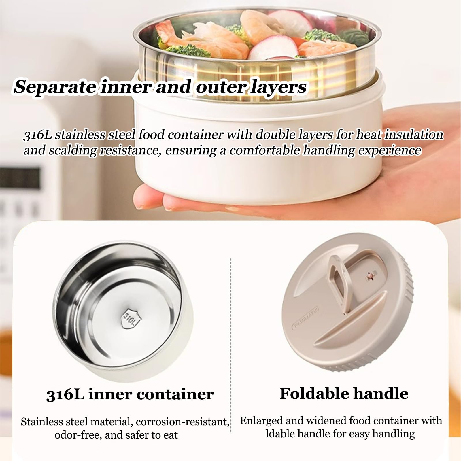 Contenedores térmicos almuerzo acero inoxidable, caja bento, recipiente calentar alimentos, con tapa asa transporte, aislamiento doble capa, for almuerzos escolares, oficina, sopas, gachas(Gray,2.7L)