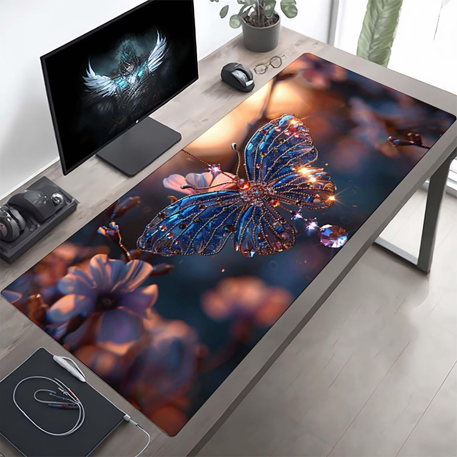 Rozszerzona duża podkładka pod mysz do gier 160 x 80 cm, XXL czarna podkładka pod mysz, motyl podkładka pod mysz z antypoślizgową gumową podstawą, mata biurkowa PjY3980 7-4