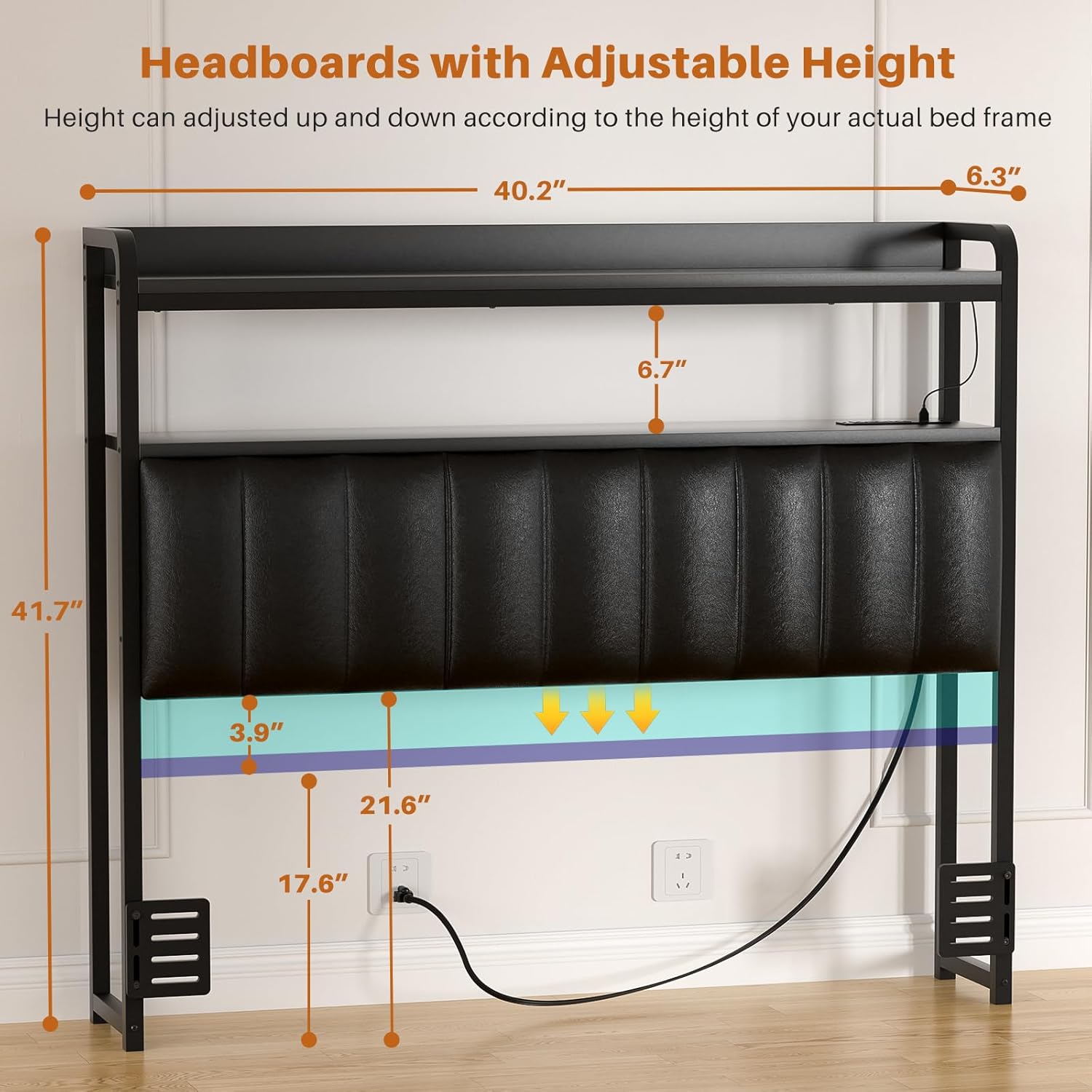 Aheaplus Headboard for Twin Size Bed Frame, Upholstered Headboards with Outlets, USB Ports and LED Light, Leather Head Board with Storage, Height Adjustable, Comfortable Headboard, Twin Size, Black