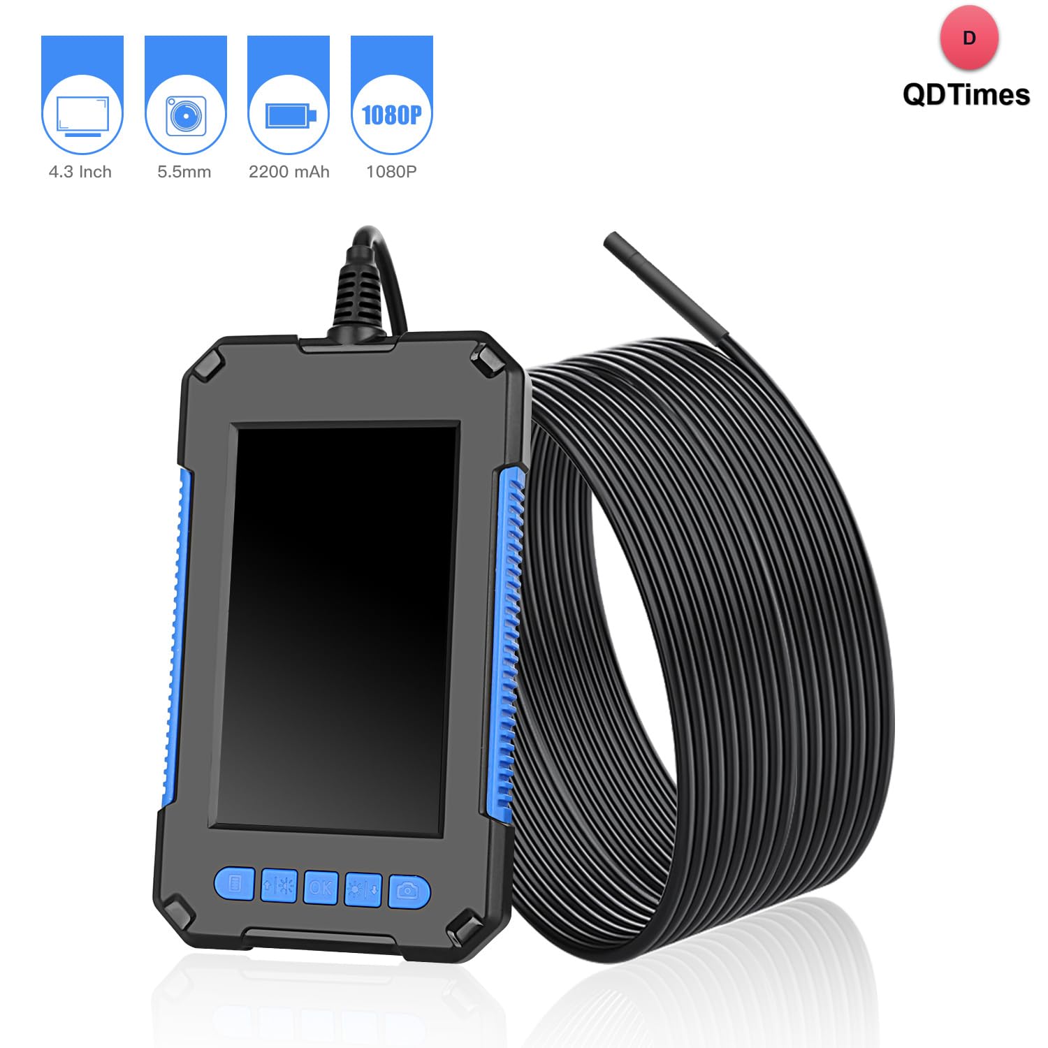 QiudanTimes HD Camera 8 LED Light Waterproof Industrial Endoscope Camera with 4.3in Screen Diameter 8/5.5/3.9mm 1920x1080P 2MP CE/Rohs 11 Language(Ø5.5mm-5m semi Rigid Cable)