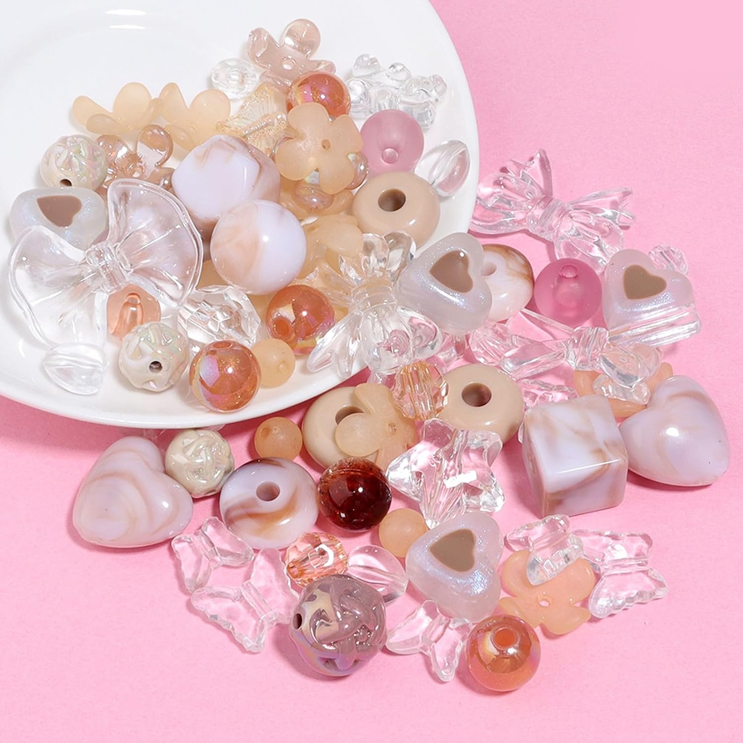 150g(170~230pcs) Aesthetic Acrylic Assorted Beads Cute Beads for Jewelry Making Kawaii Flower Heart Star Butterfly Bow Round Beads Bulk for Bracelets Making Necklaces DIY Crafts (Coffee) image 4