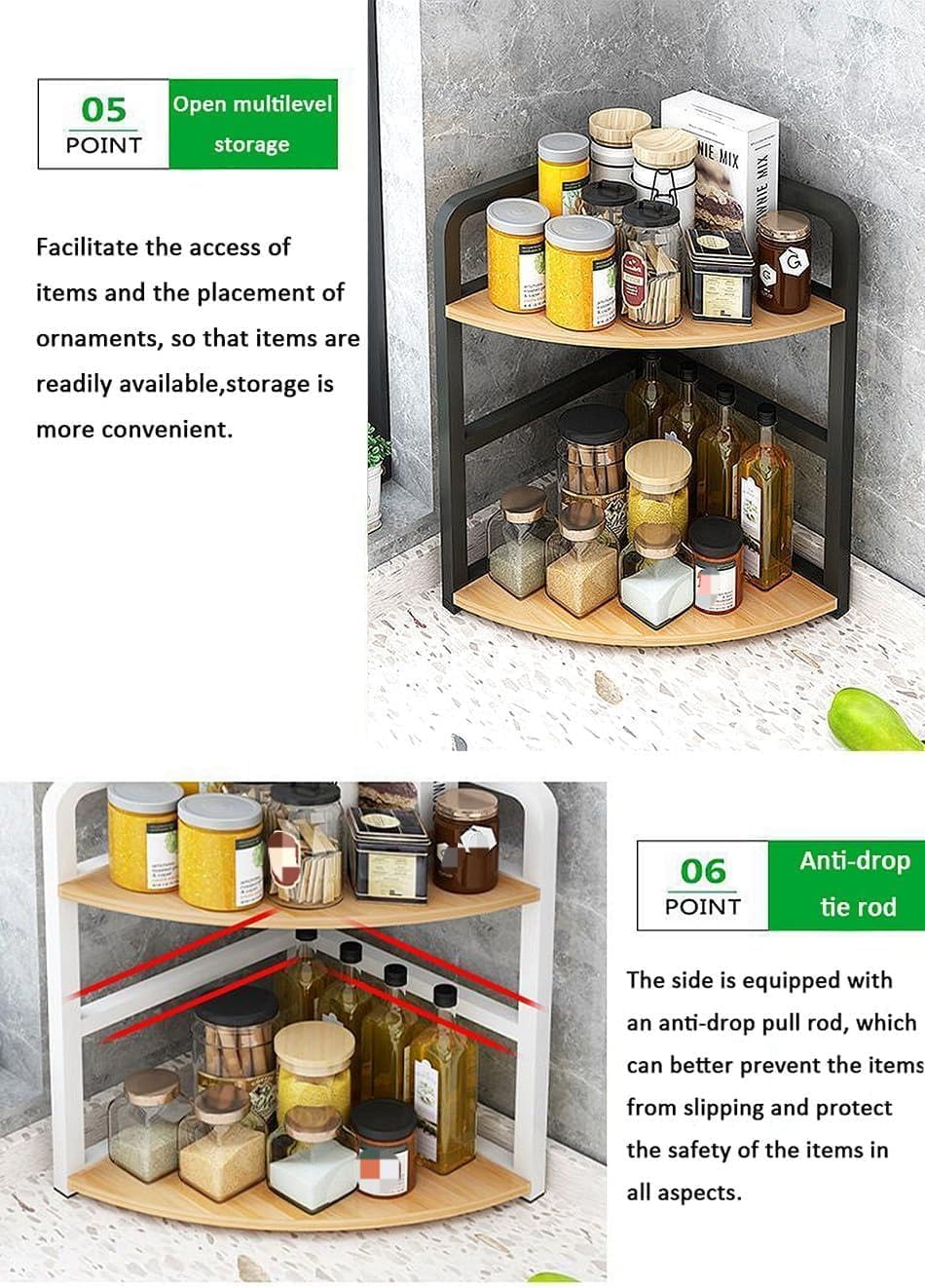 Eckregal aus Holz mit 2 Ebenen – dreieckiger Eisen-Schreibtisch für Küchenzubehör, perfekt für die Aufbewahrung von Gewürzen, Gewürzen und kleinen Gegenständen.